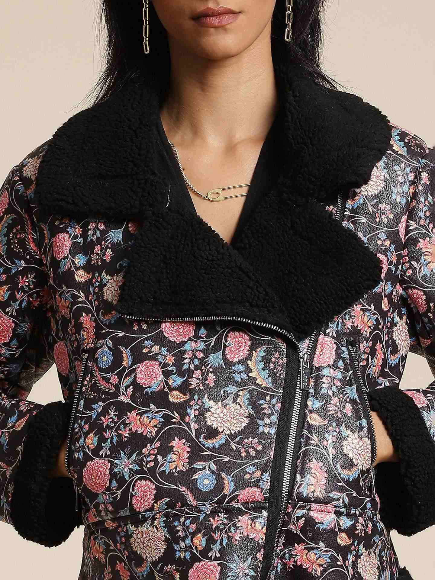 Black Antalya Printed Biker Jacket