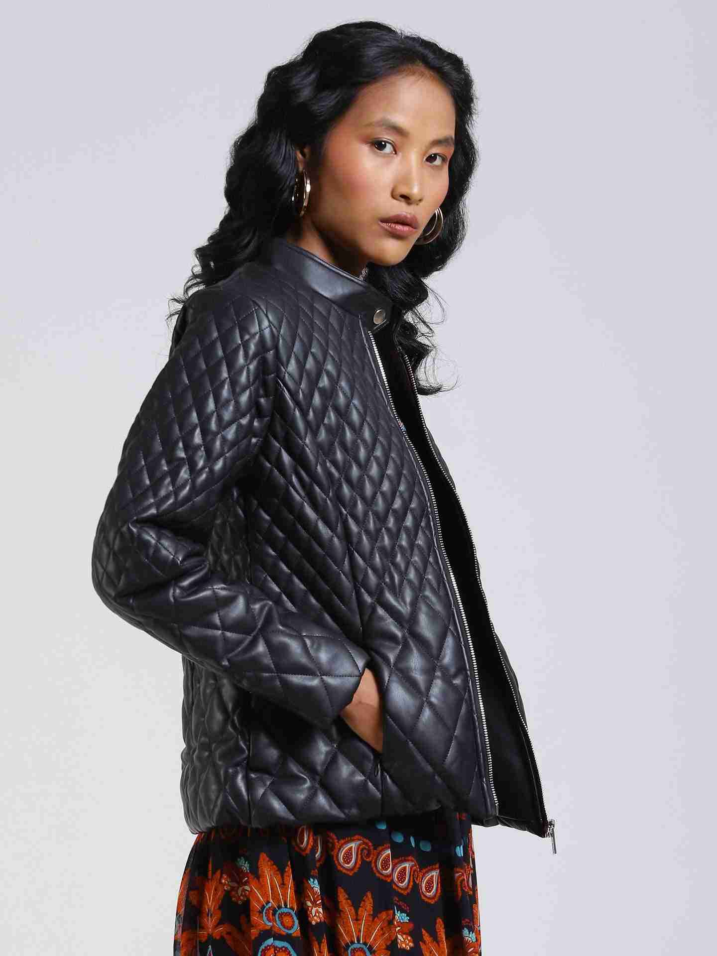 Black Antalya Quilted Biker Jacket