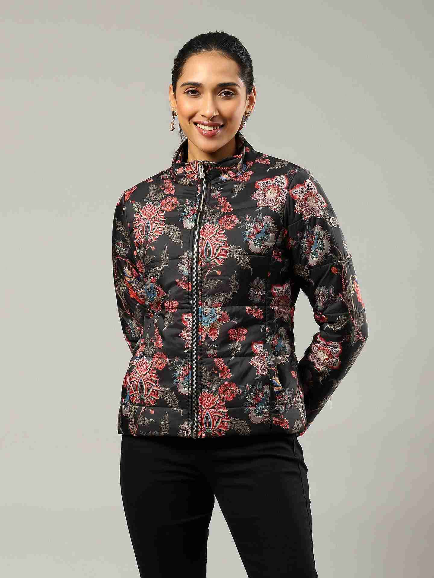 Black Flavia Floral Puffer Jacket