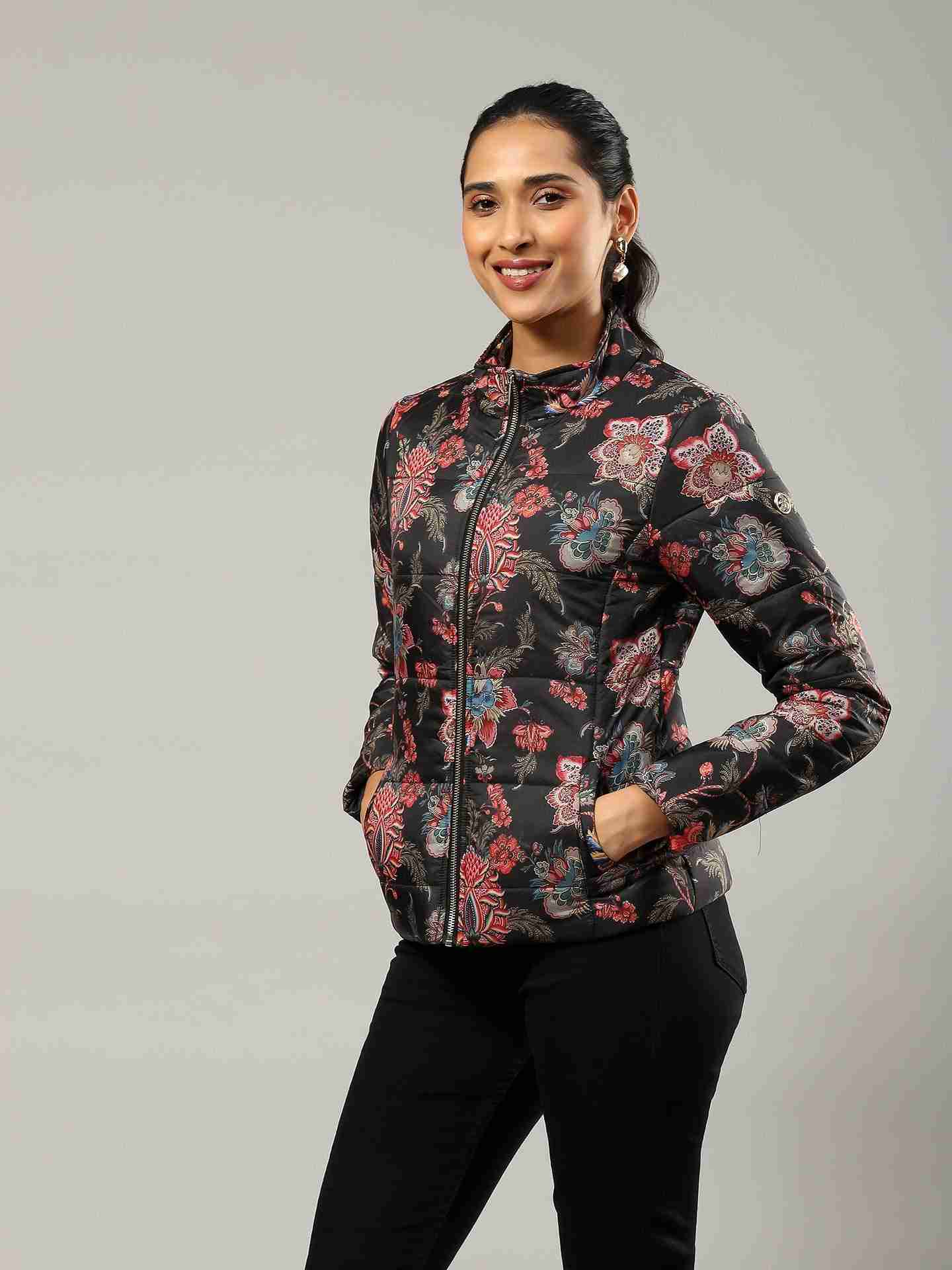 Black Flavia Floral Puffer Jacket
