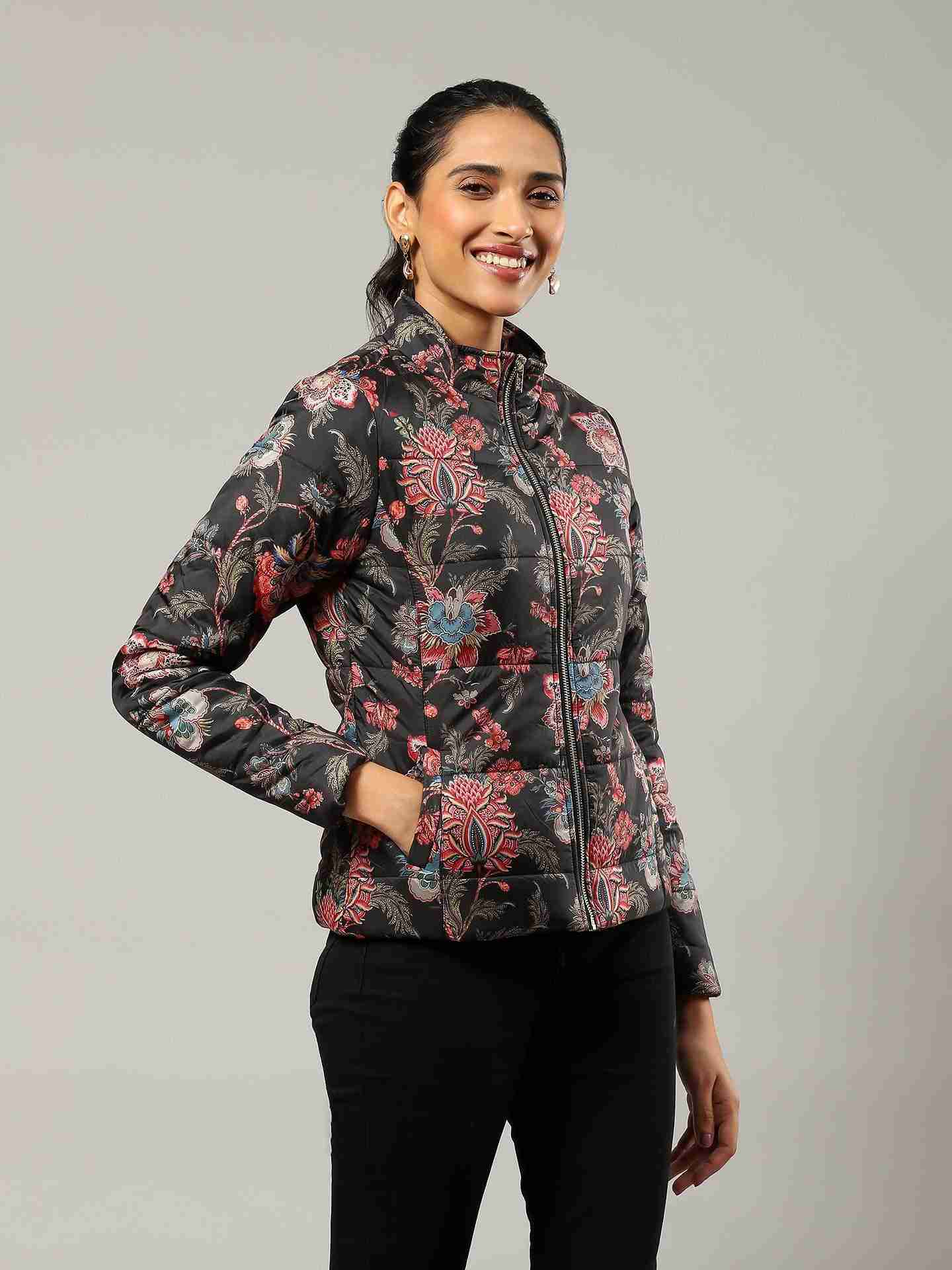 Black Flavia Floral Puffer Jacket