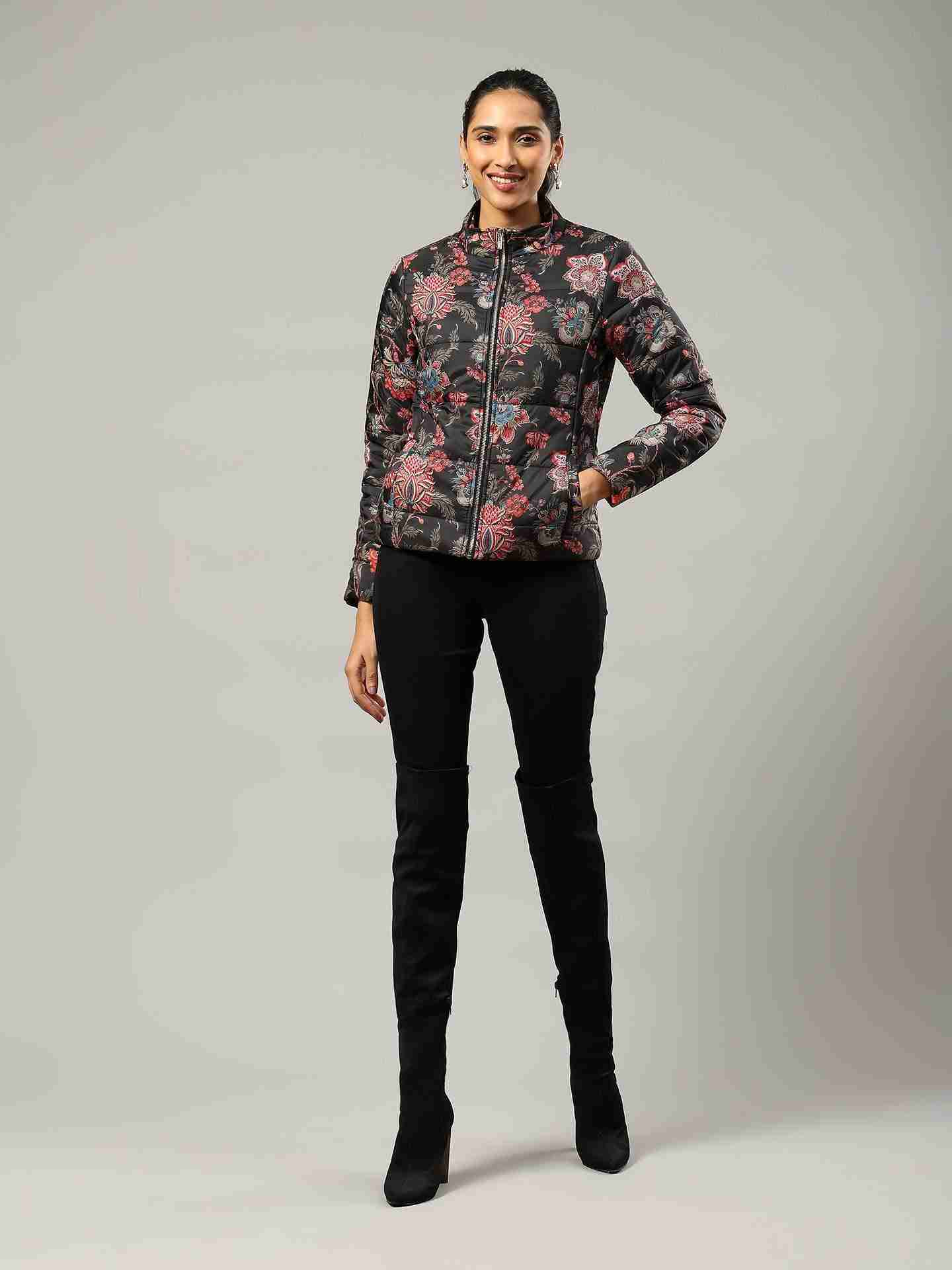 Black Flavia Floral Puffer Jacket