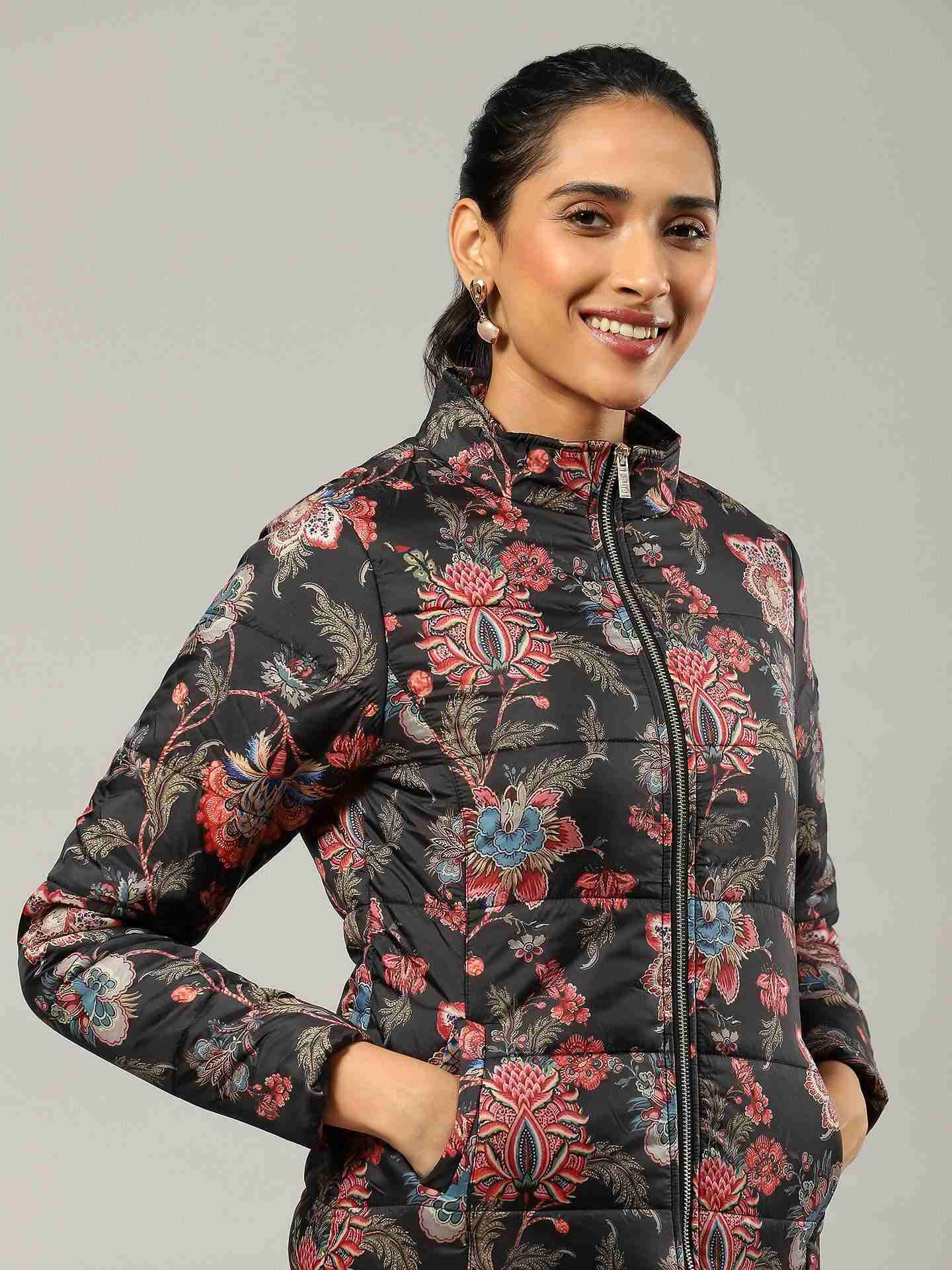 Black Flavia Floral Puffer Jacket