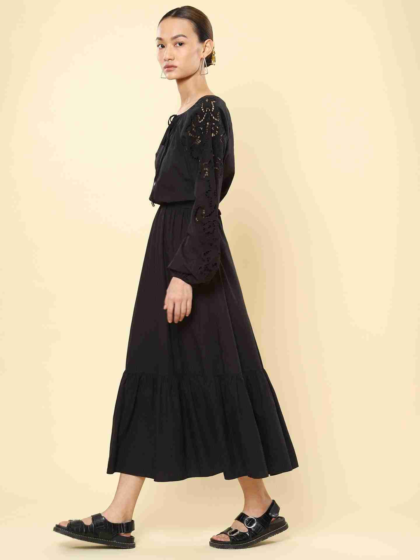 Black Stella Embroidery Midi Dress