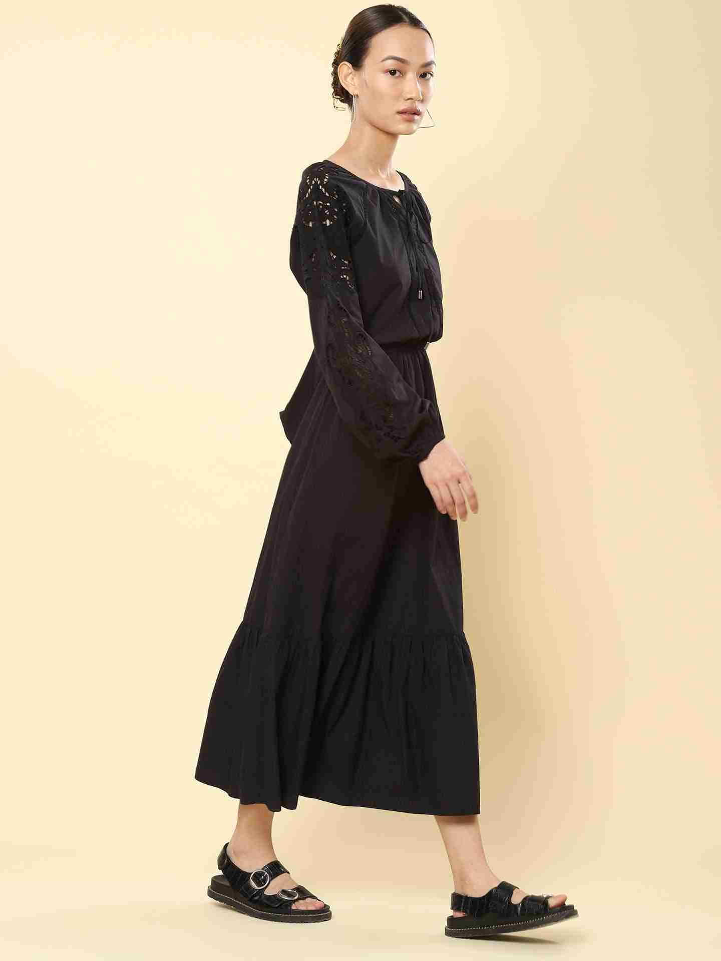 Black Stella Embroidery Midi Dress