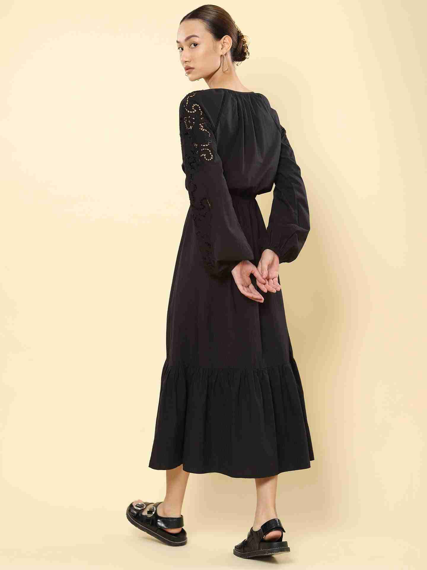 Black Stella Embroidery Midi Dress