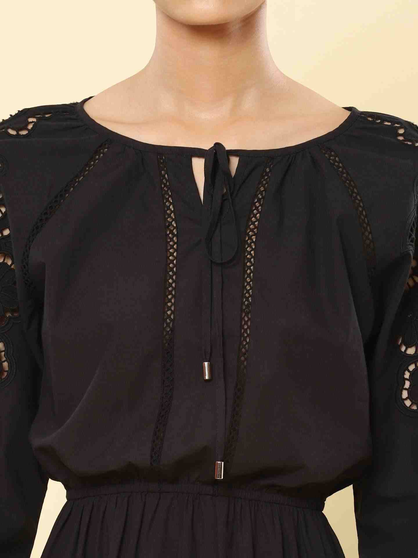 Black Stella Embroidery Midi Dress