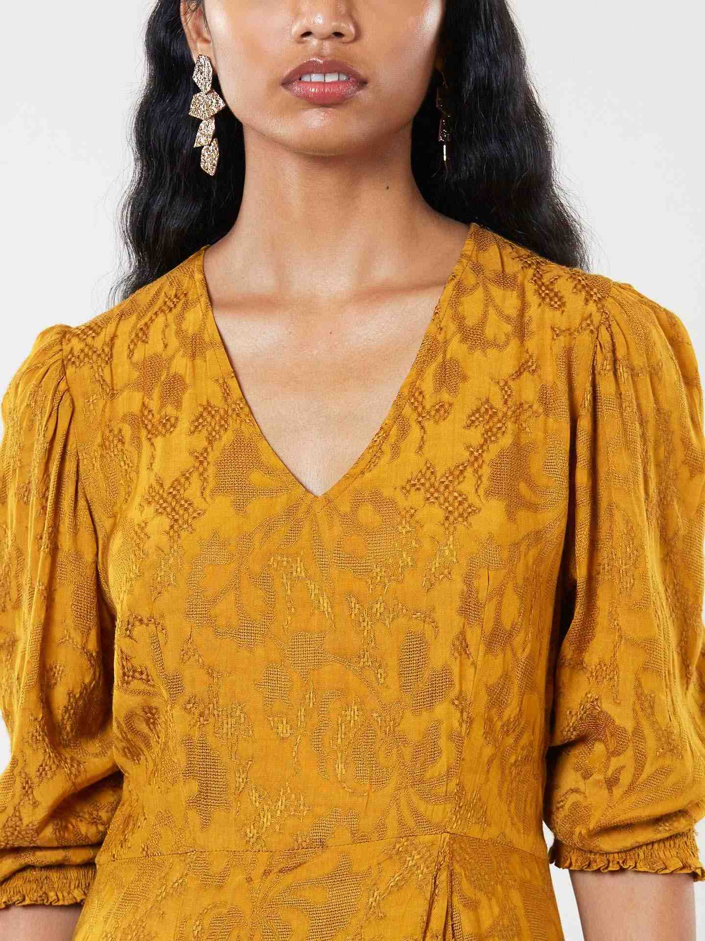 Mustard Viscose Floral Midi Dress