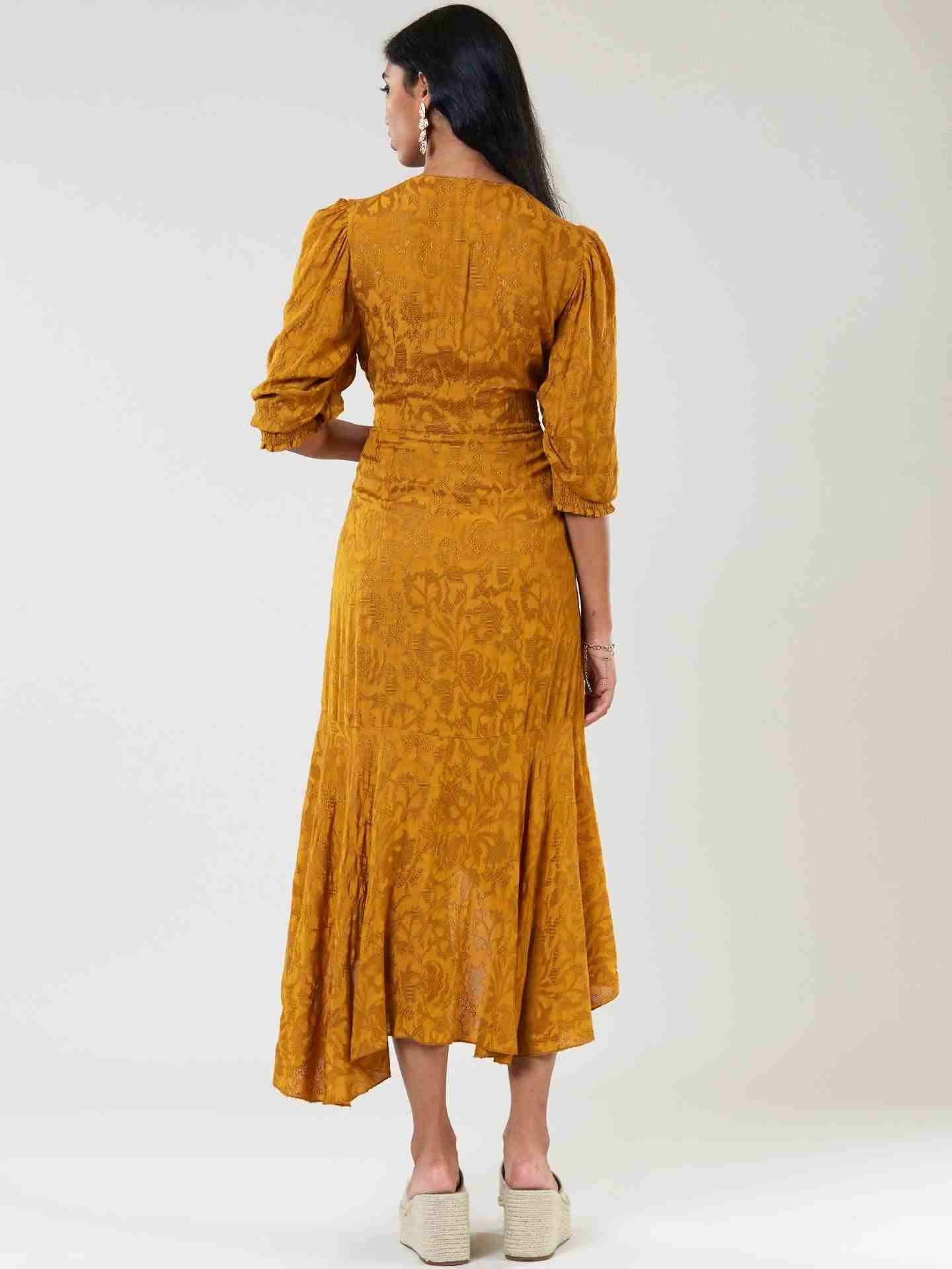 Mustard Viscose Floral Midi Dress
