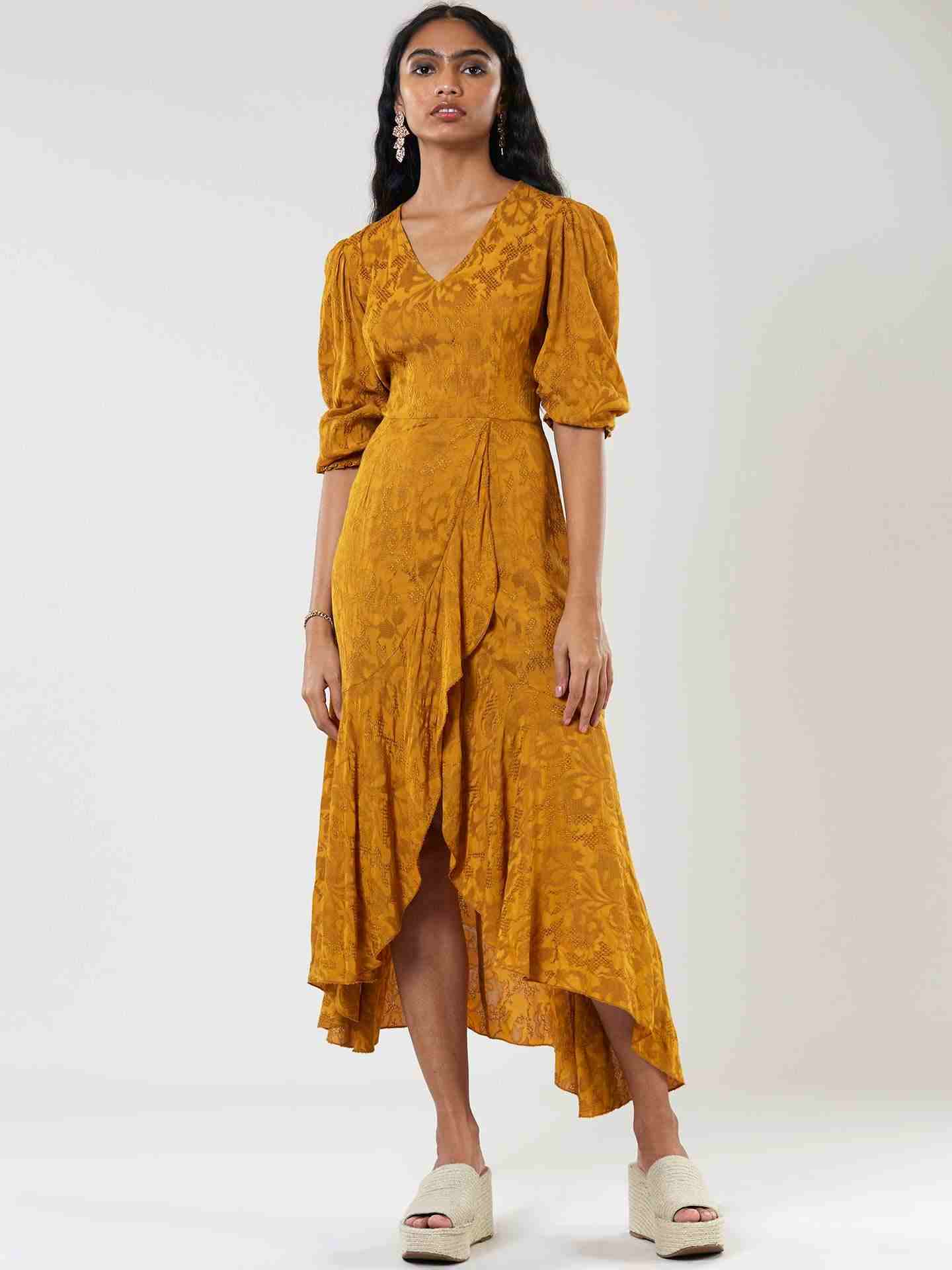 Mustard Viscose Floral Midi Dress