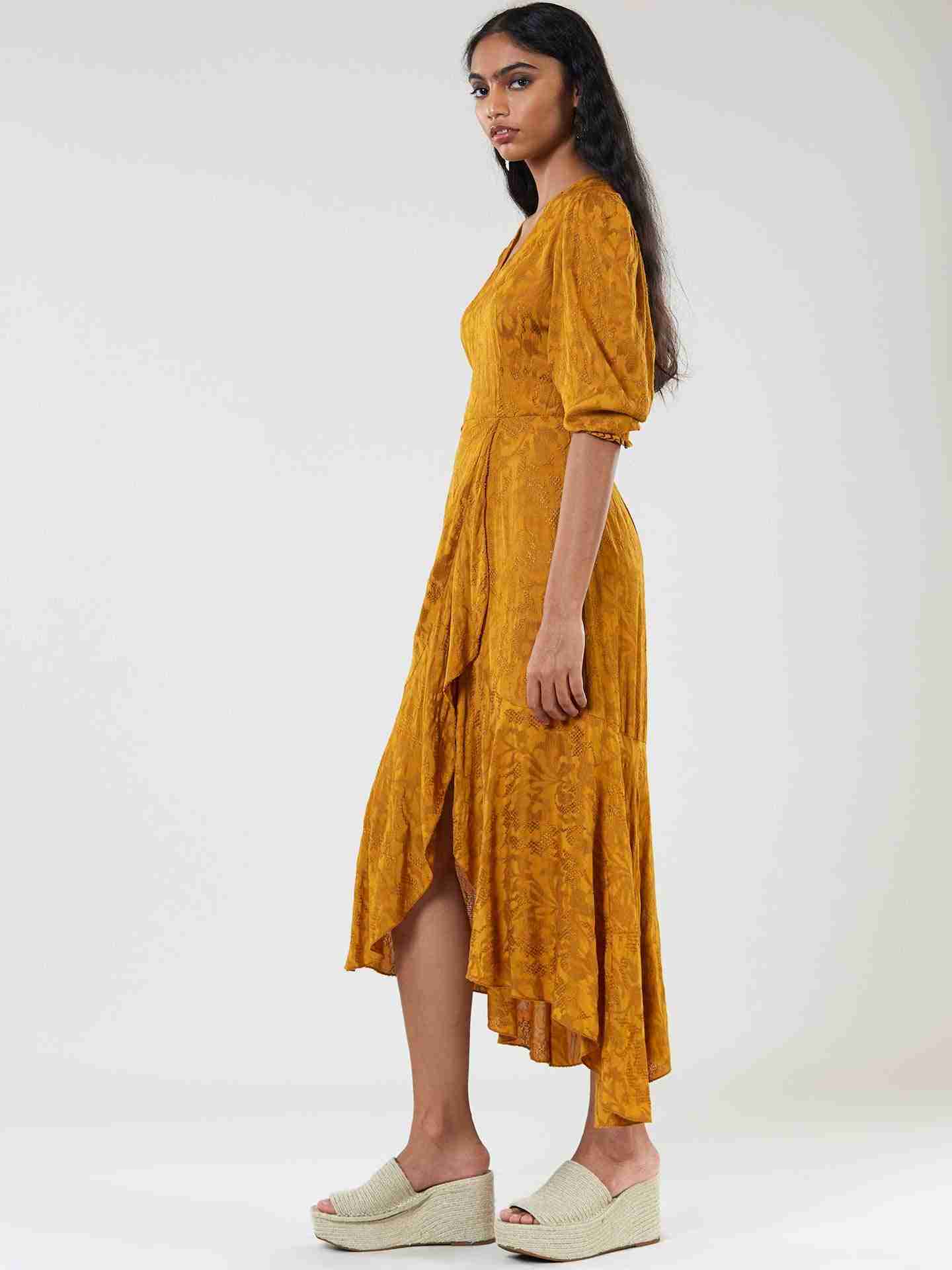 Mustard Viscose Floral Midi Dress