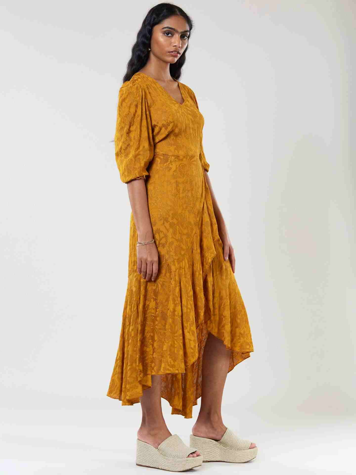 Mustard Viscose Floral Midi Dress