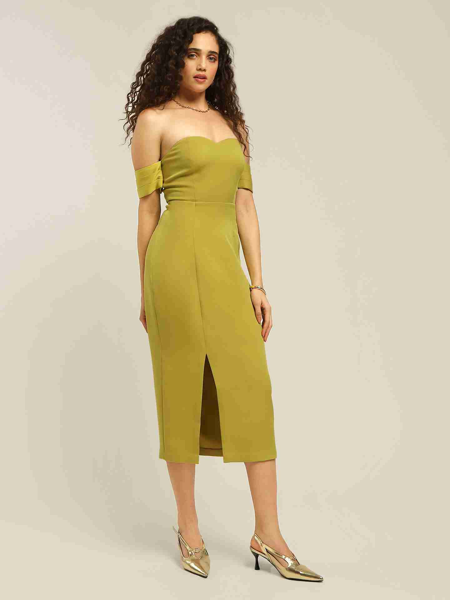 Neon Green Aelda Off-The- Shoulder Long Dress