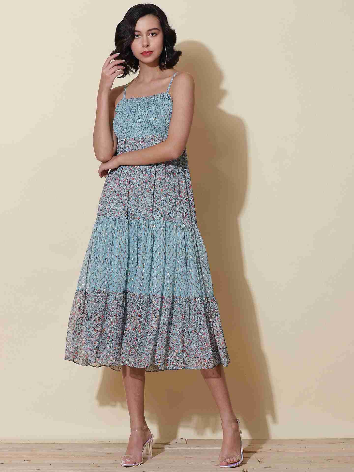 Blue Calico Floral Midi Dress