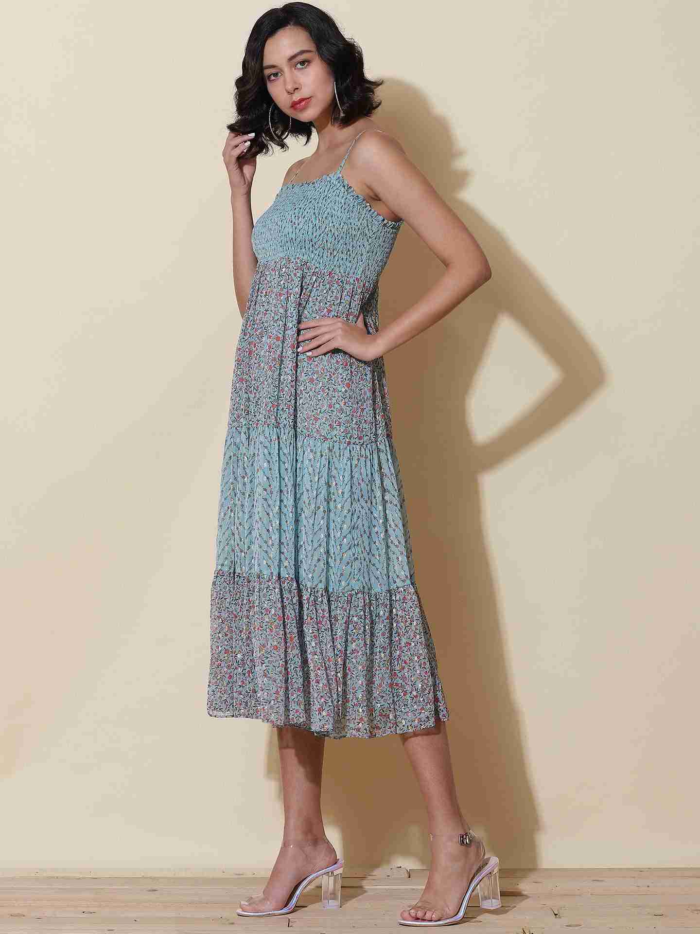 Blue Calico Floral Midi Dress