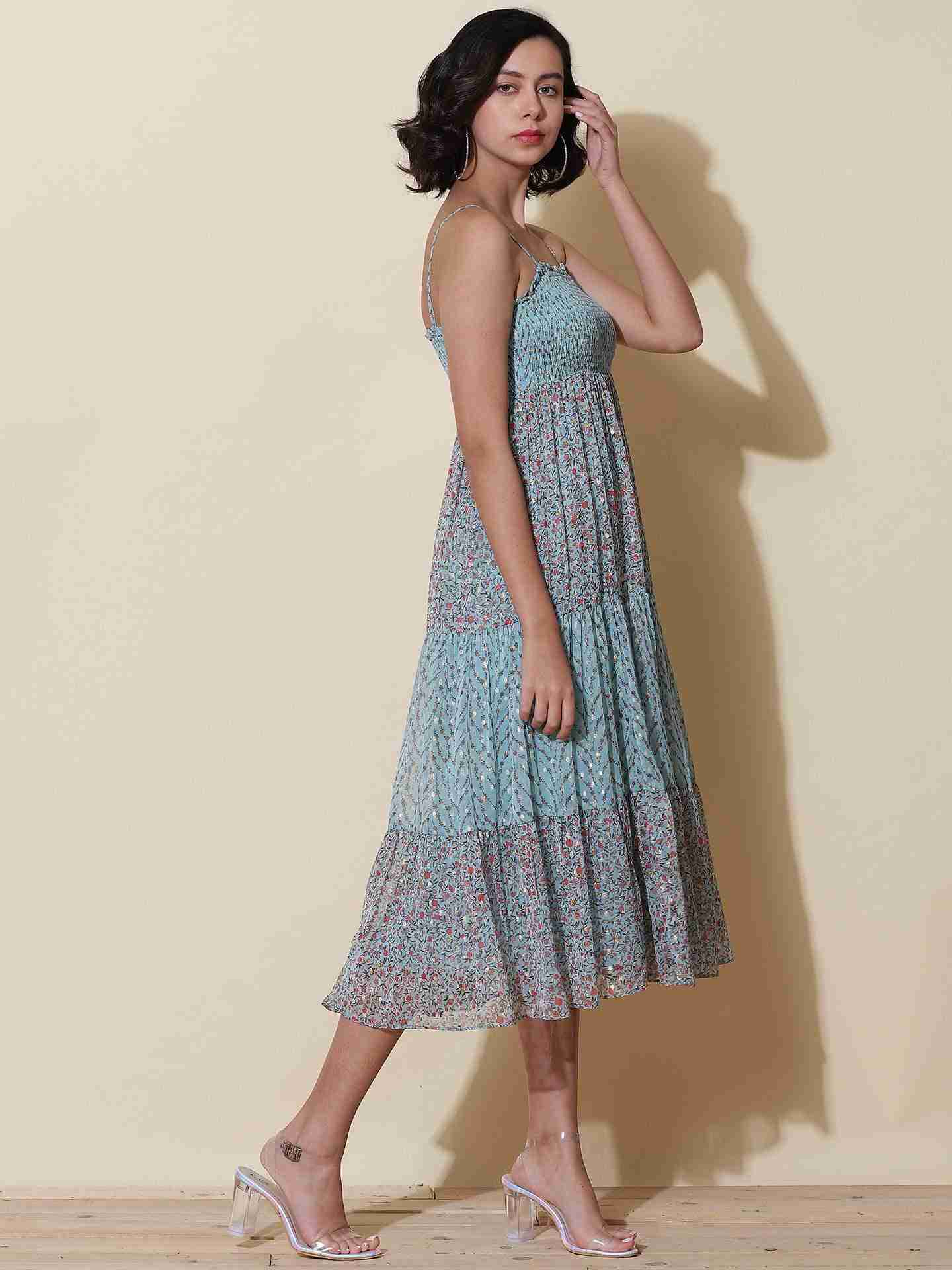 Blue Calico Floral Midi Dress