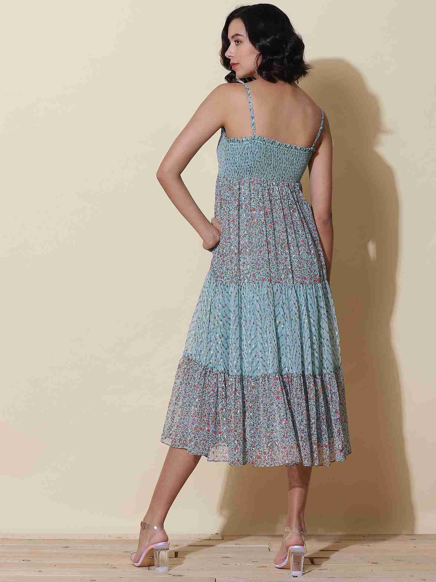 Blue Calico Floral Midi Dress