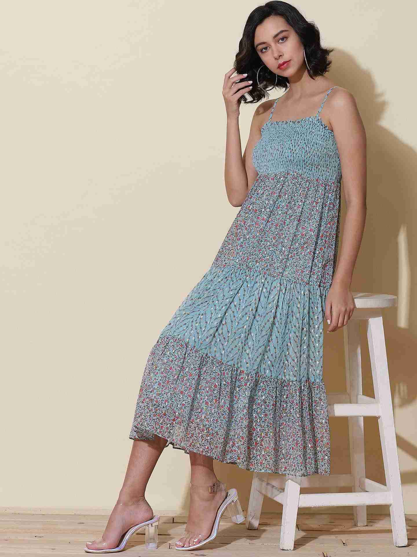 Blue Calico Floral Midi Dress