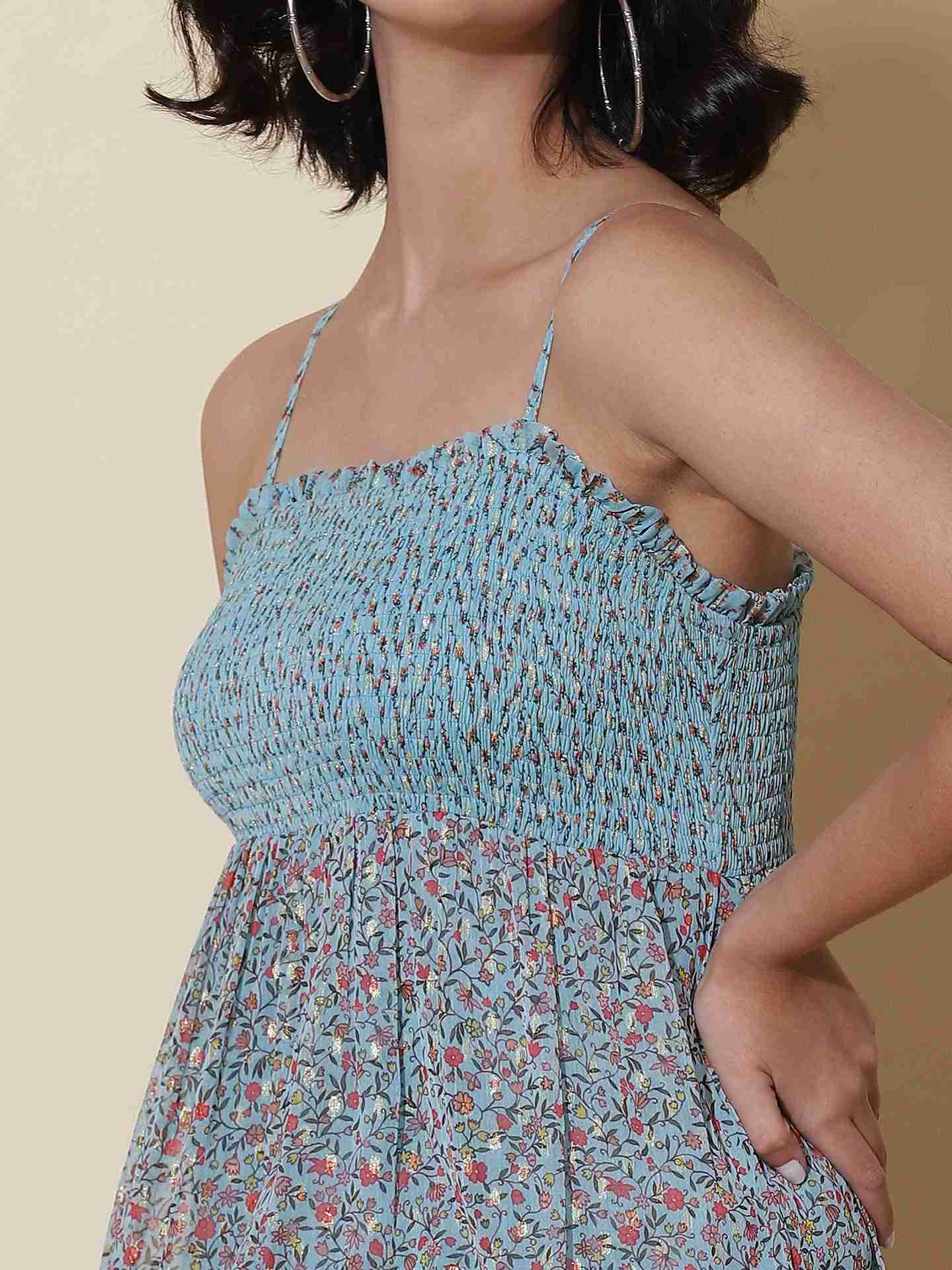 Blue Calico Floral Midi Dress