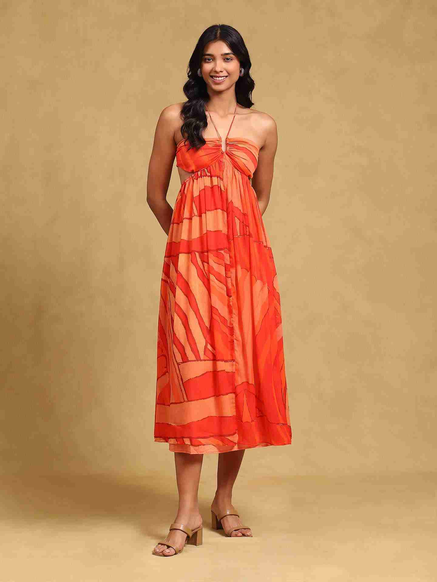 Multi Color Fashion Flair Halter Dress