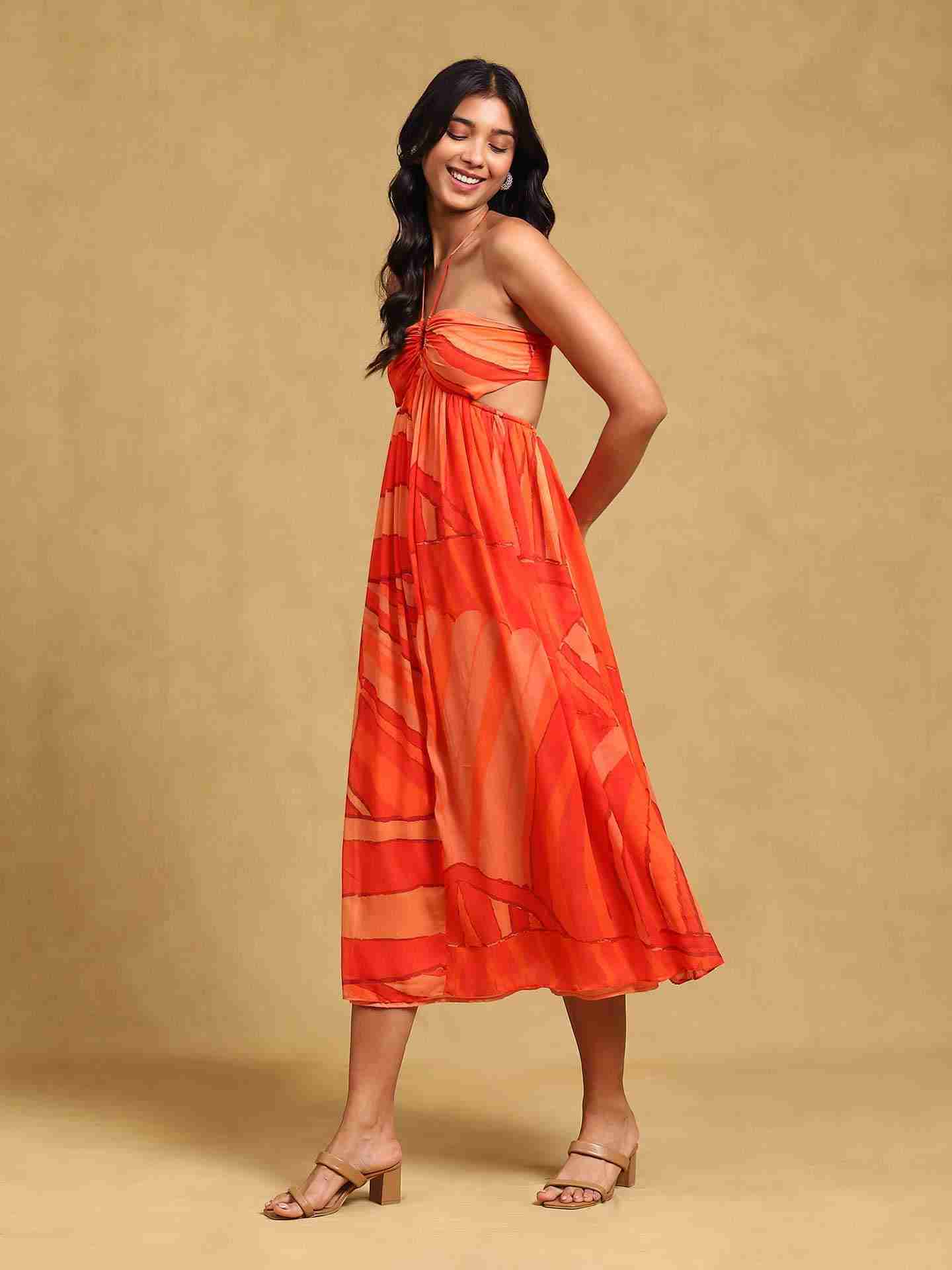 Multi Color Fashion Flair Halter Dress