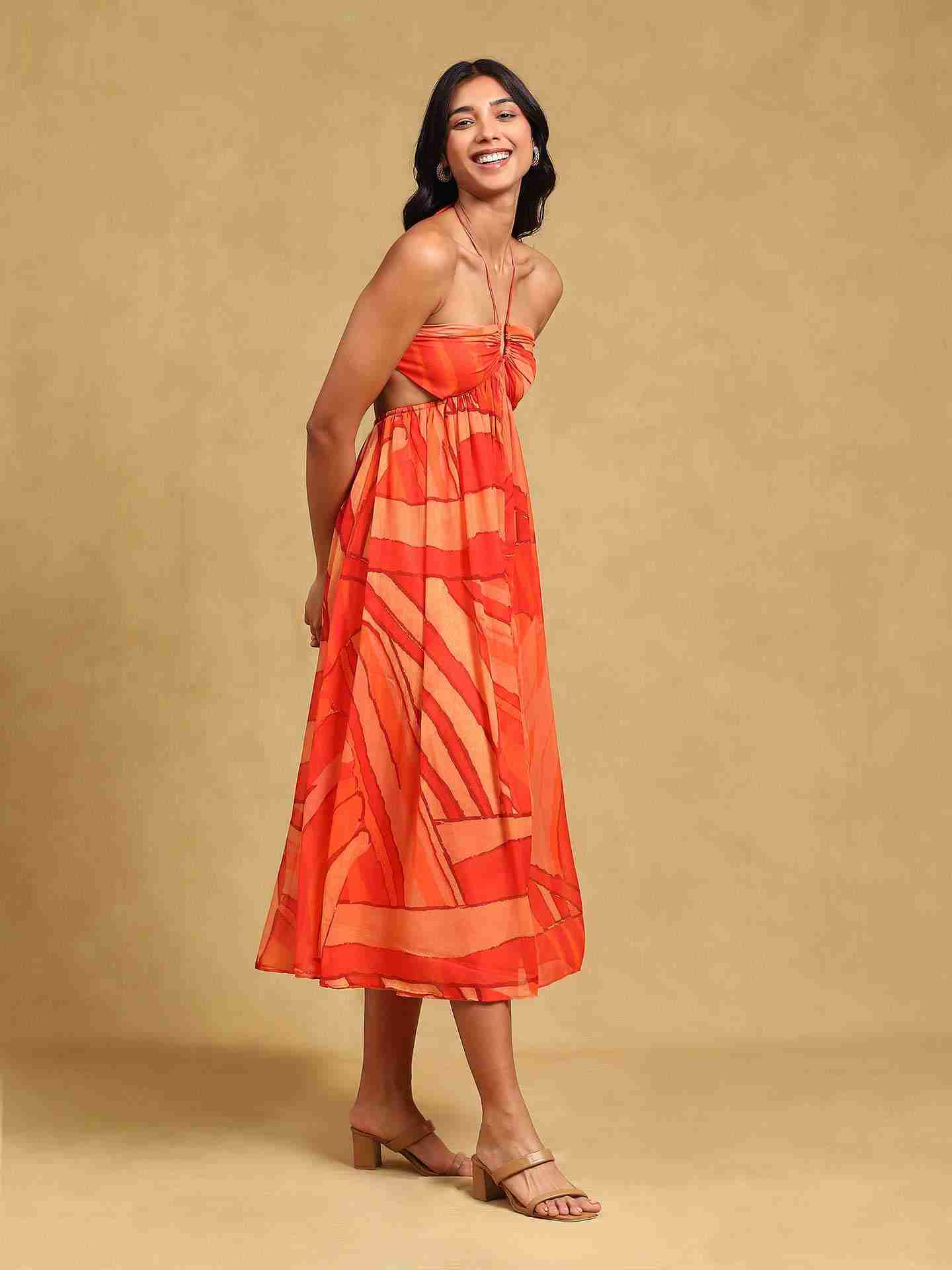 Multi Color Fashion Flair Halter Dress