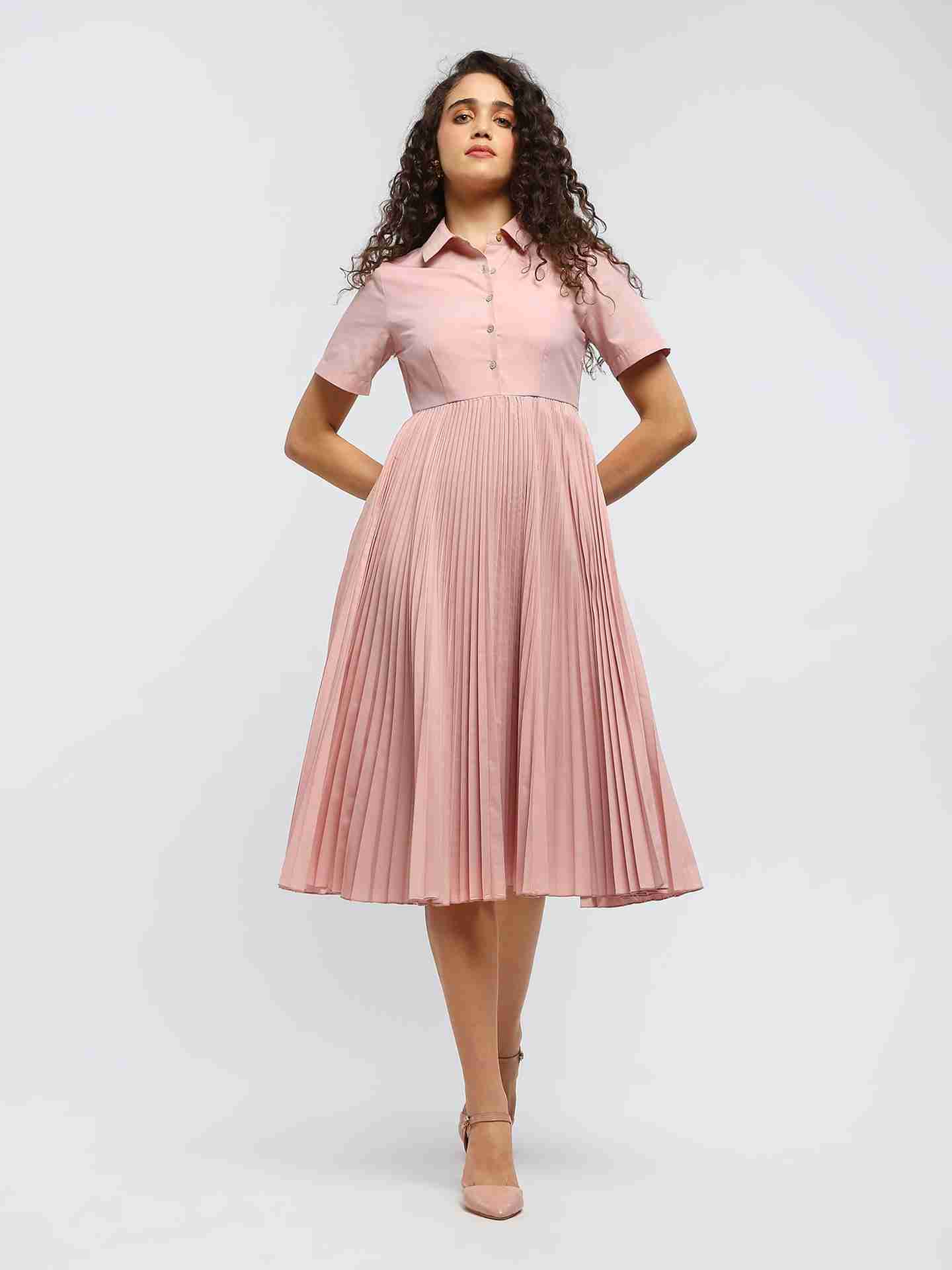 Pink Core Pleated Shirt Dress
