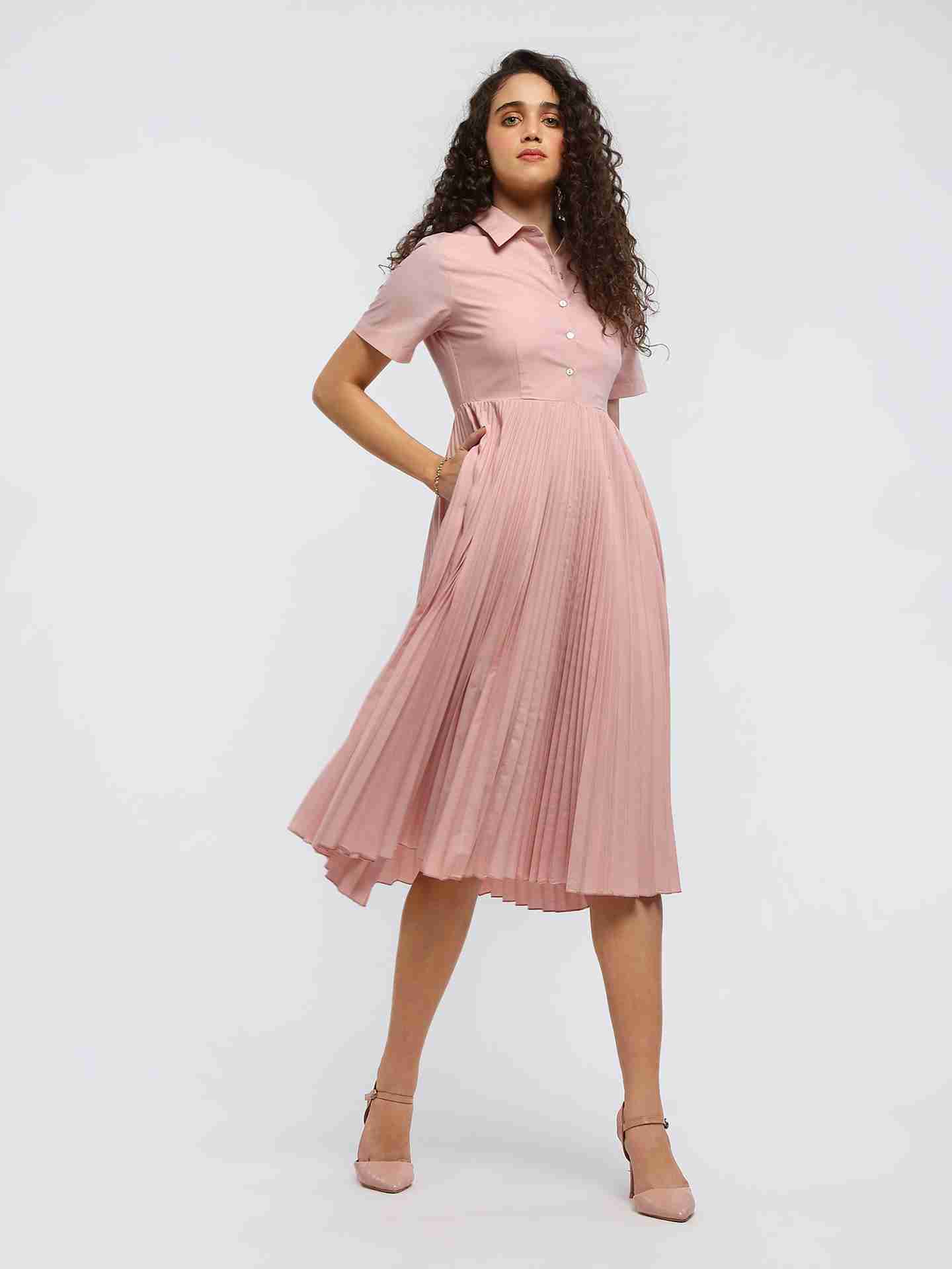 Pink Core Pleated Shirt Dress