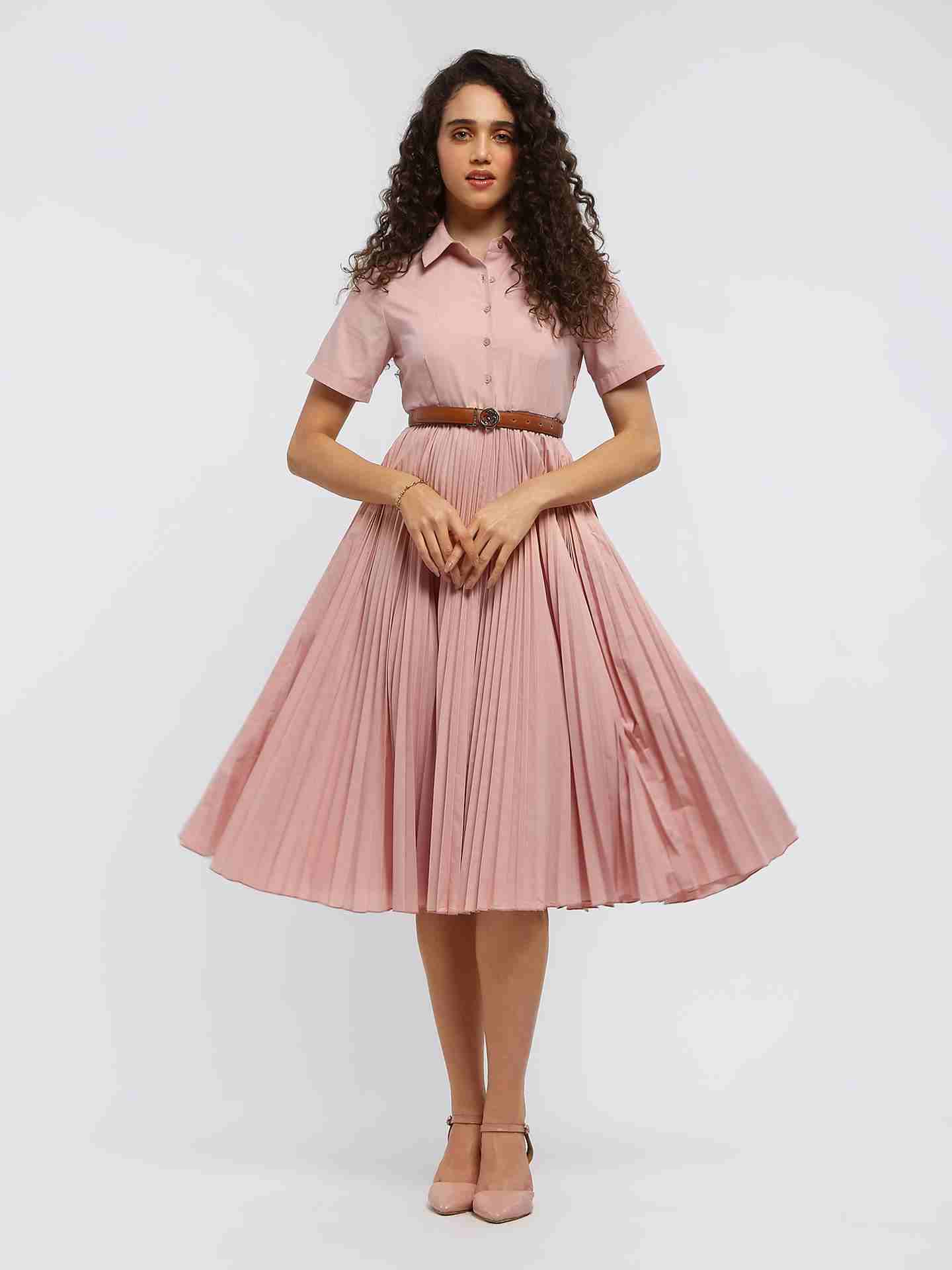 Pink Core Pleated Shirt Dress