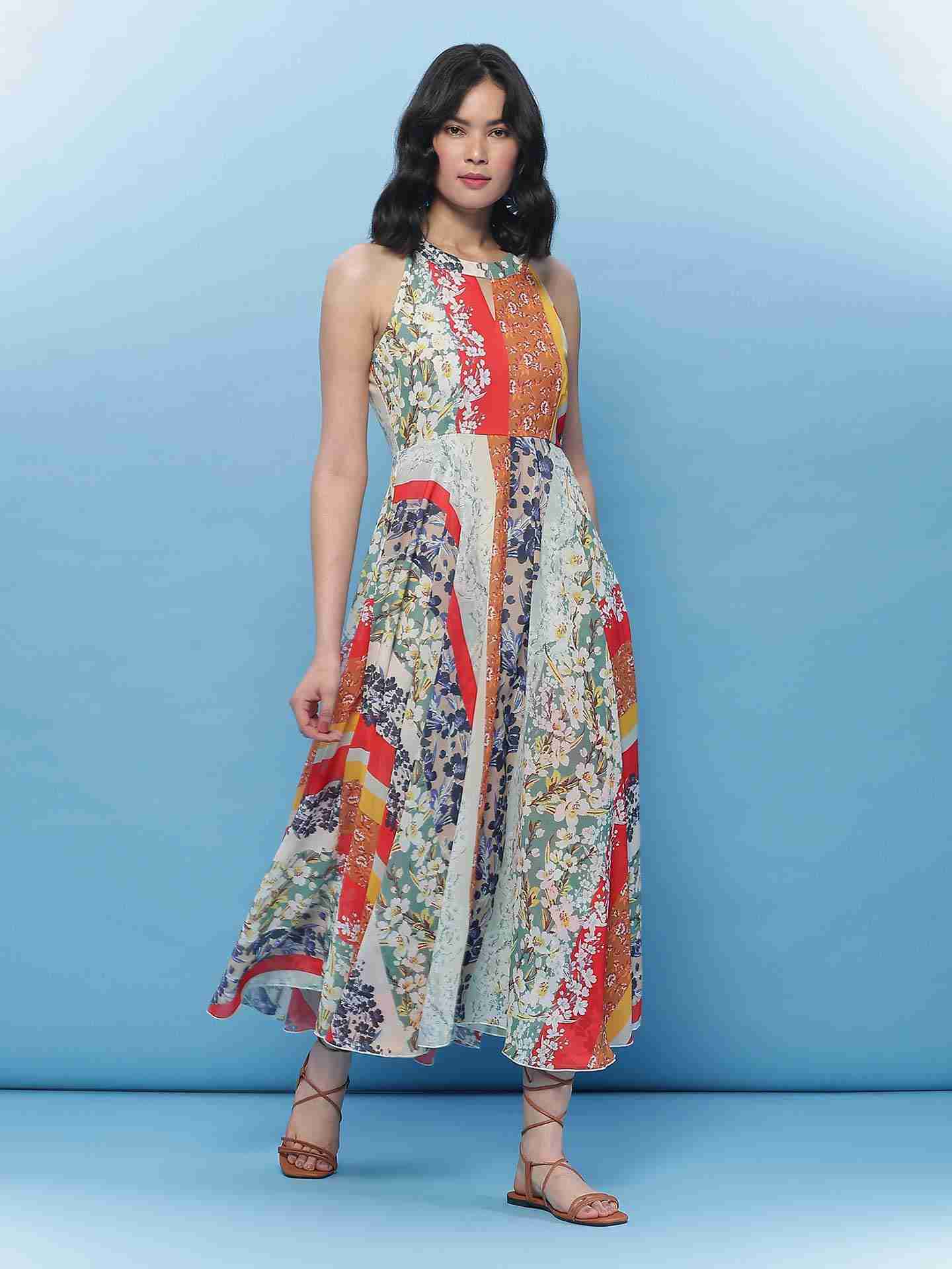 Multi Color Fashion Flair Floral  Long Dress