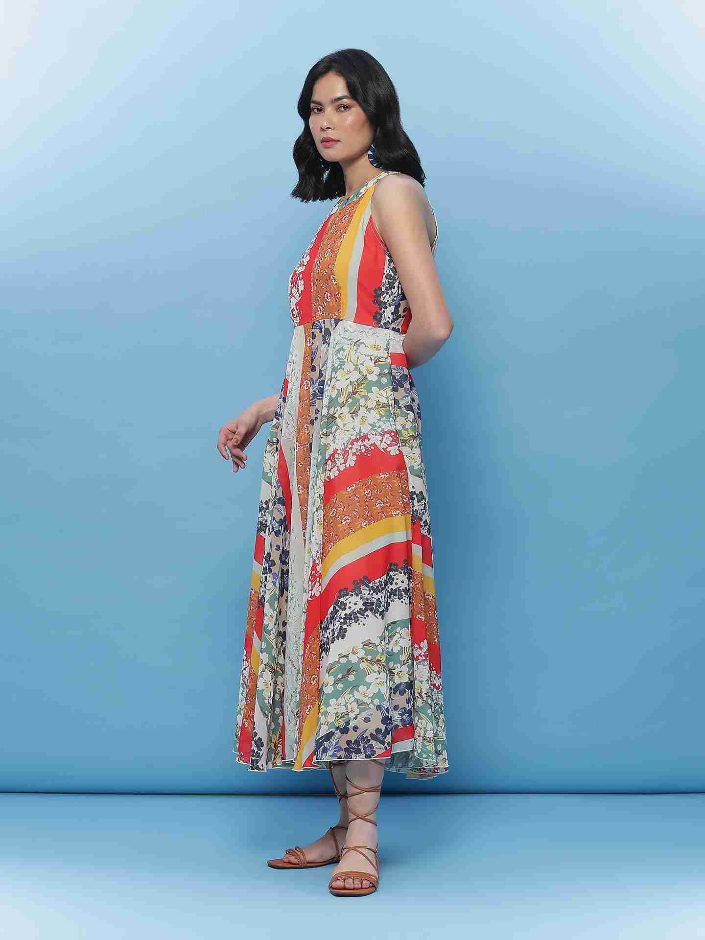 Multi Color Fashion Flair Floral  Long Dress