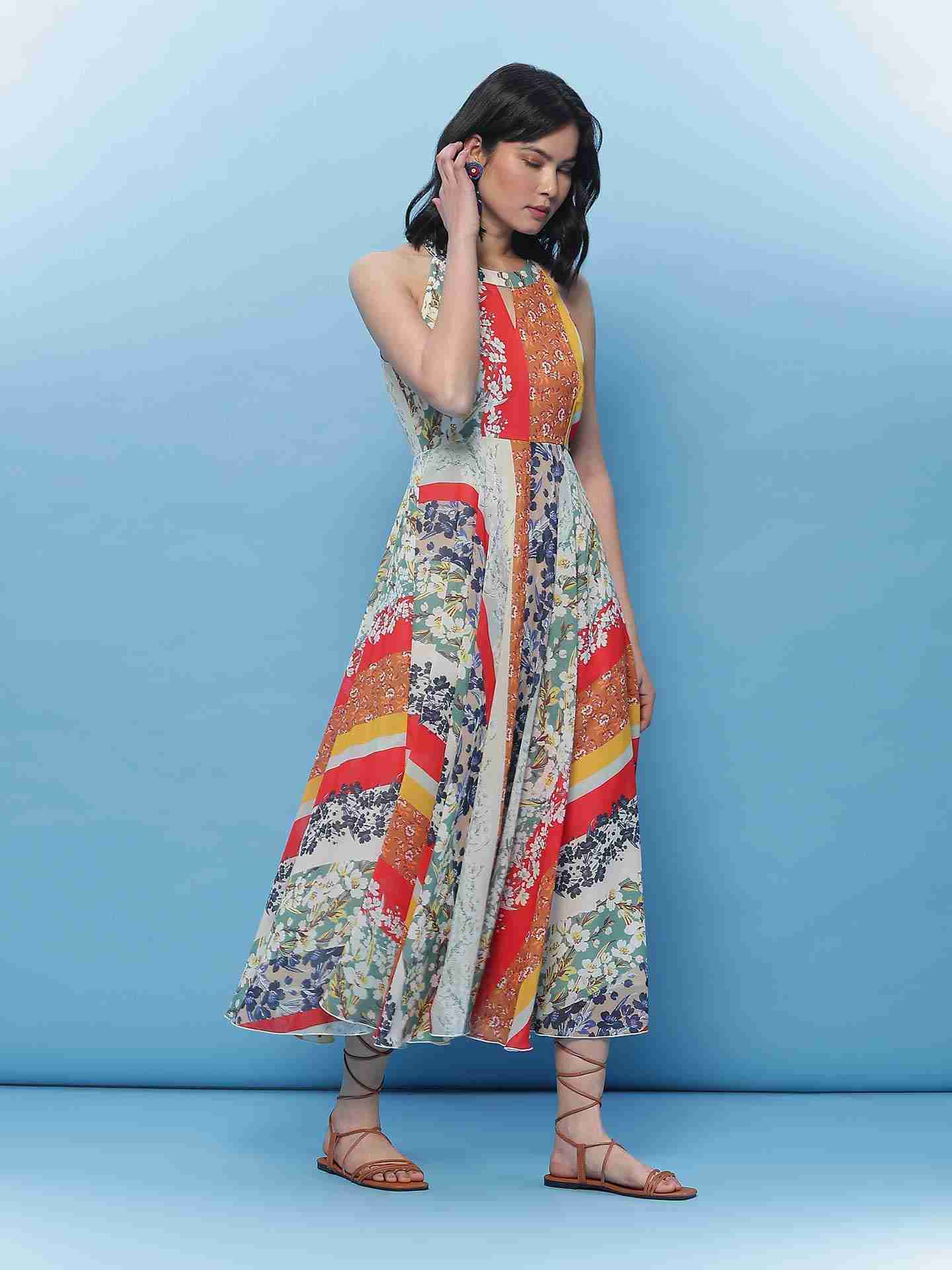 Multi Color Fashion Flair Floral  Long Dress