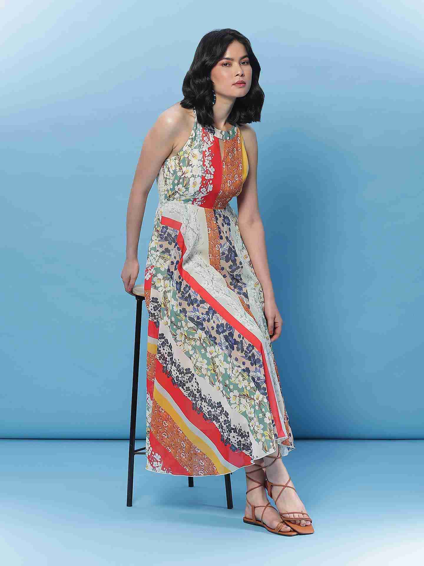Multi Color Fashion Flair Floral  Long Dress