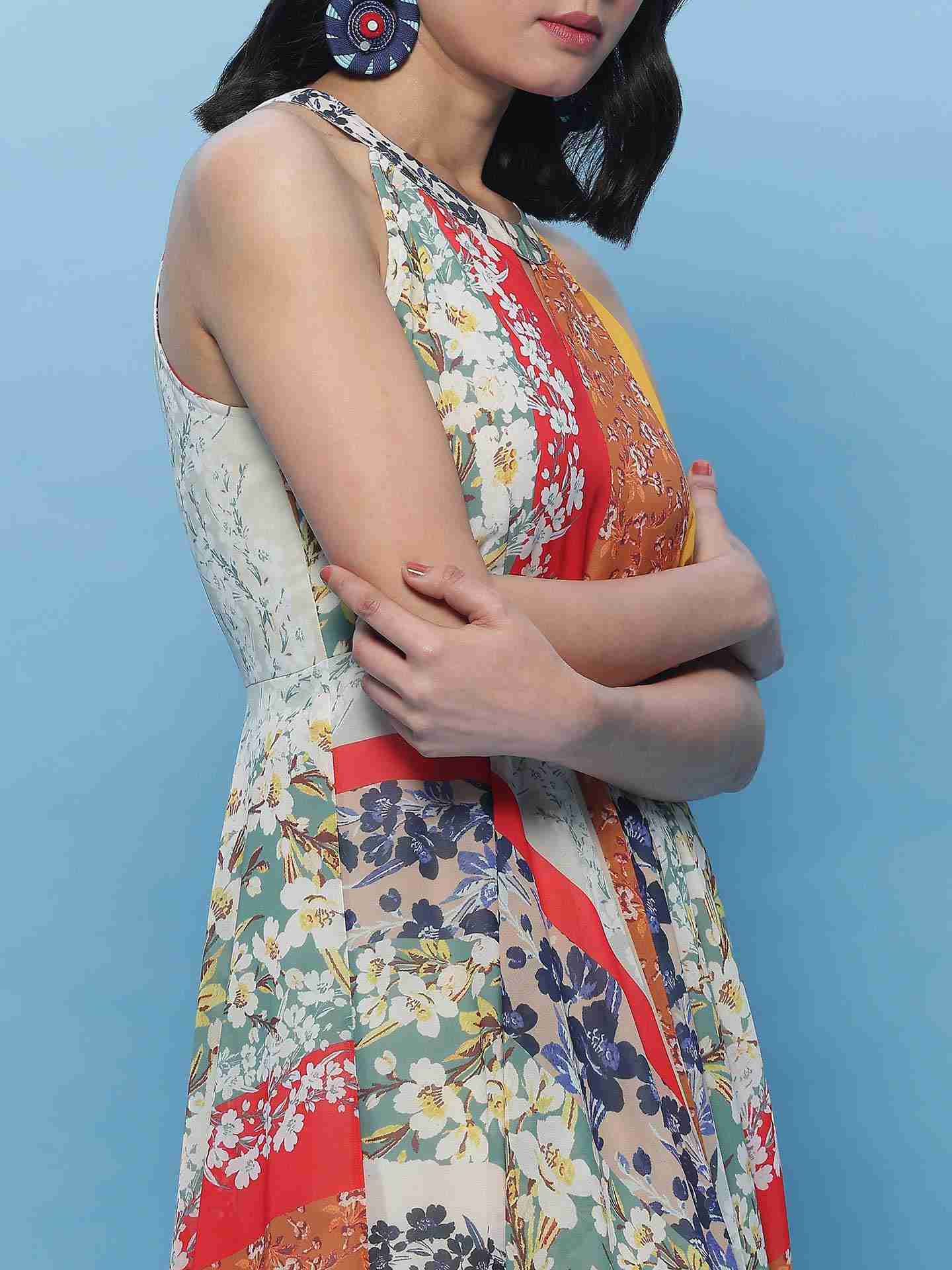 Multi Color Fashion Flair Floral  Long Dress