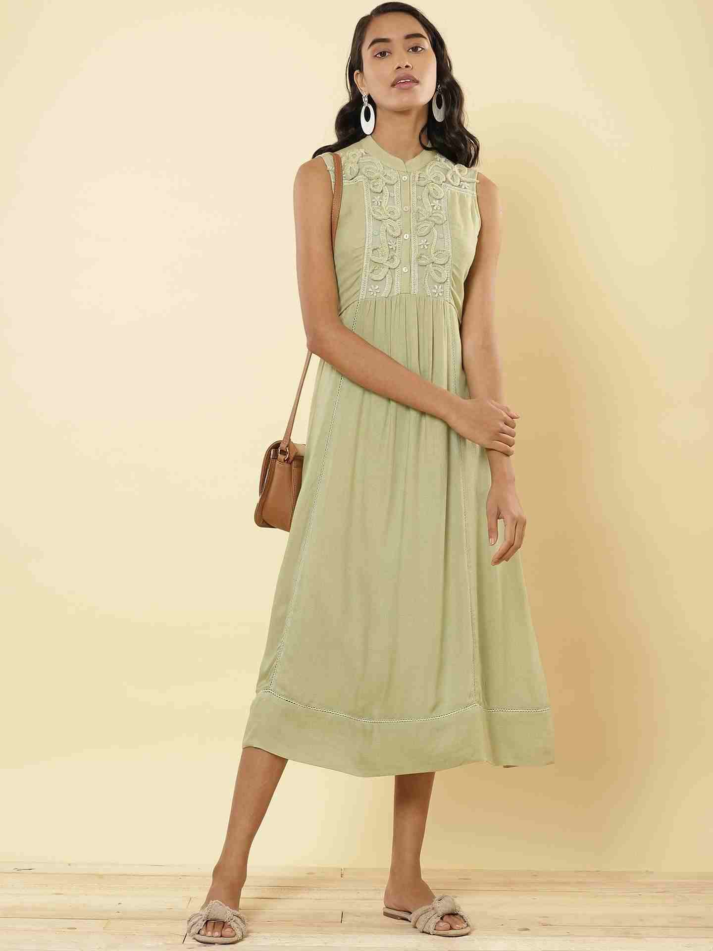 Mint Green Linear Embroidery Midi Dress
