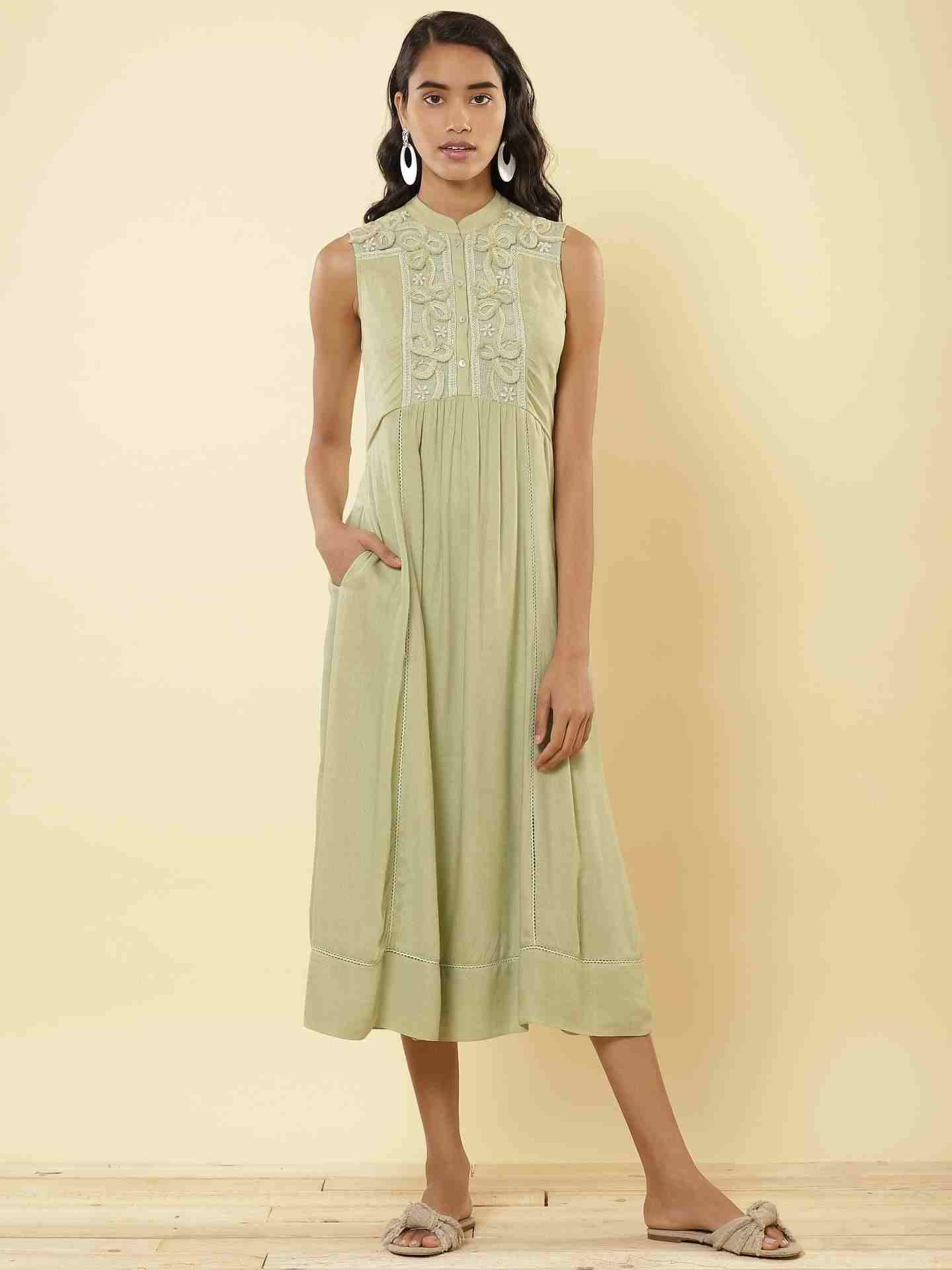 Mint Green Linear Embroidery Midi Dress