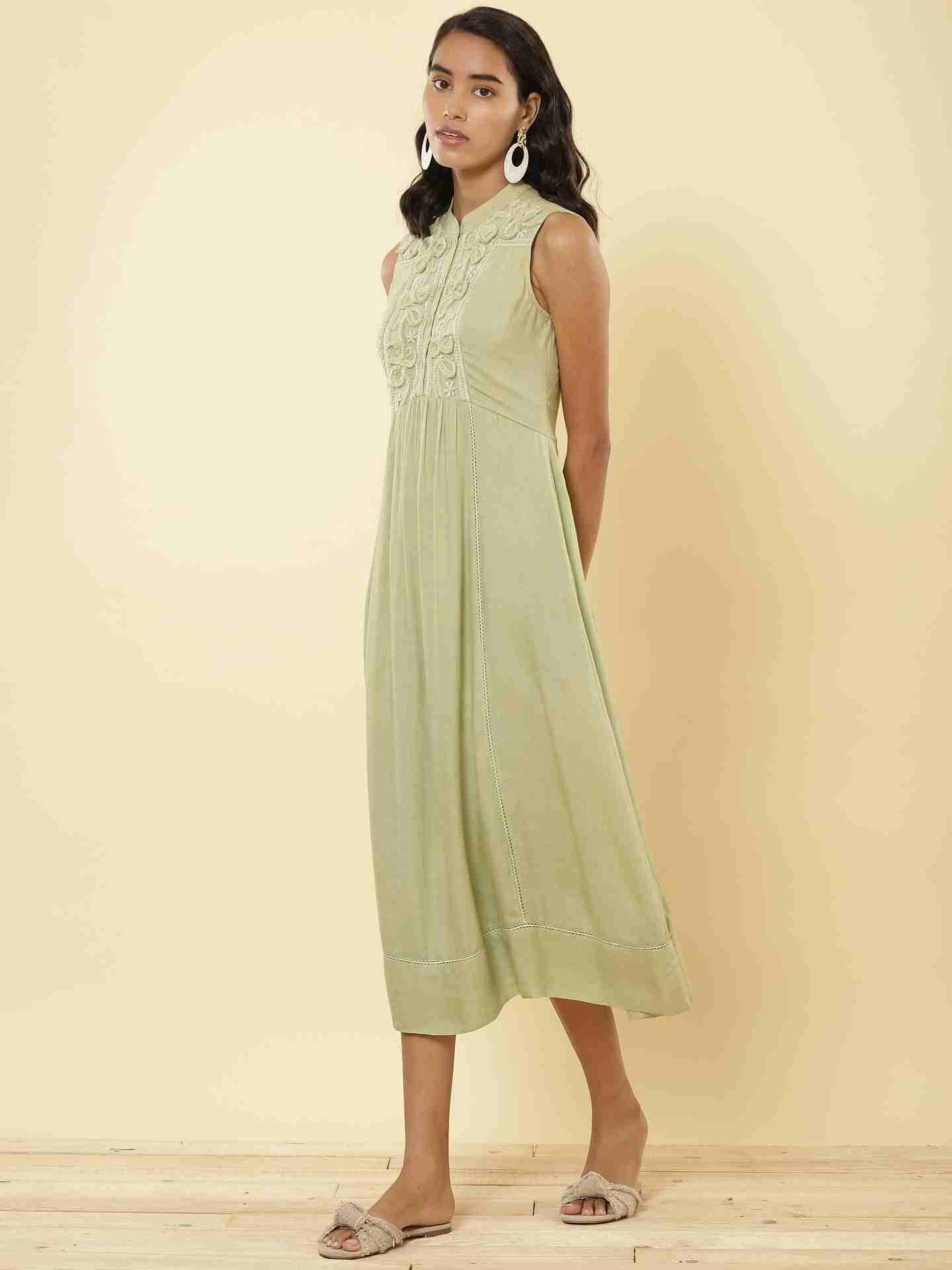 Mint Green Linear Embroidery Midi Dress