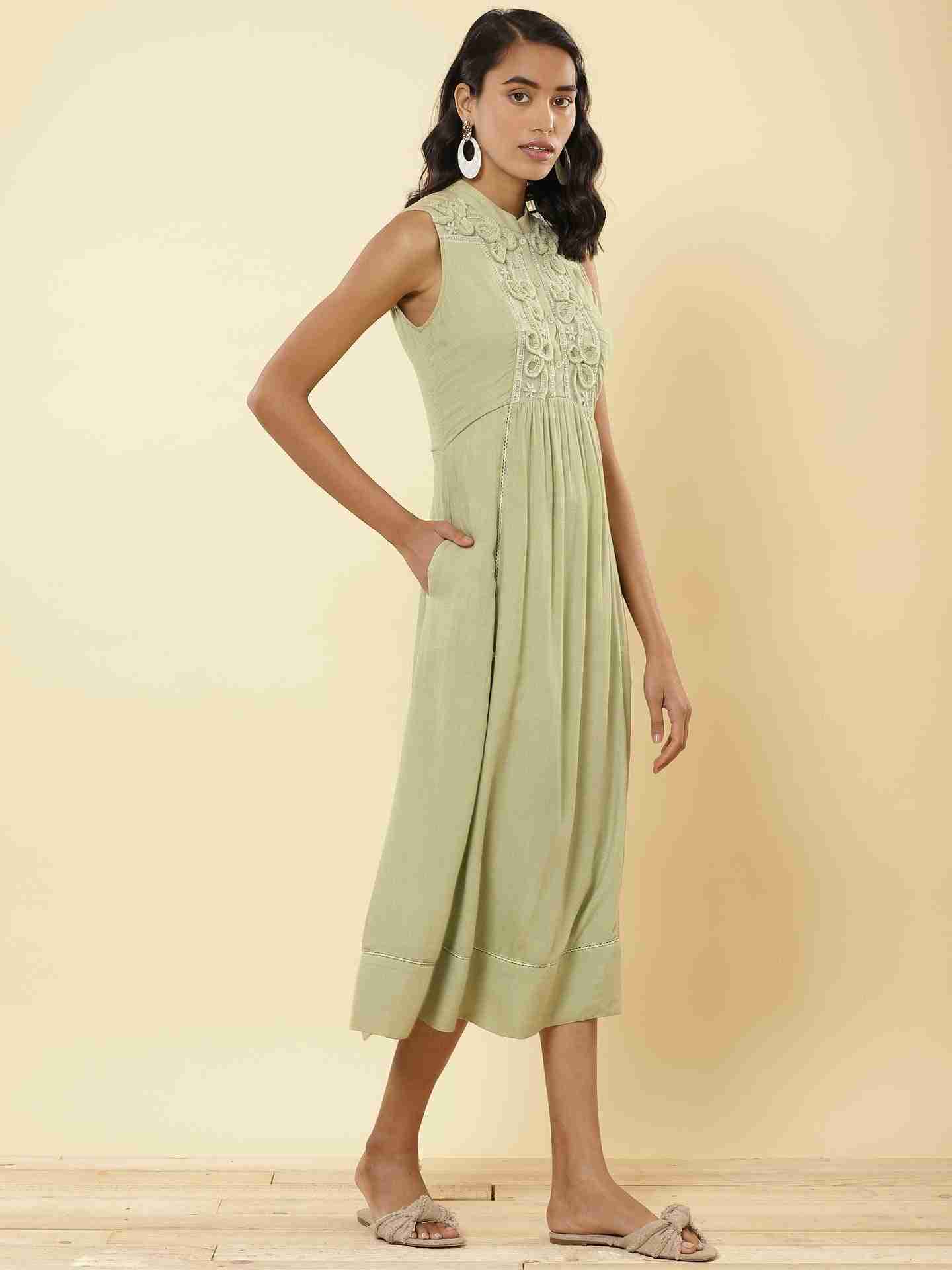Mint Green Linear Embroidery Midi Dress