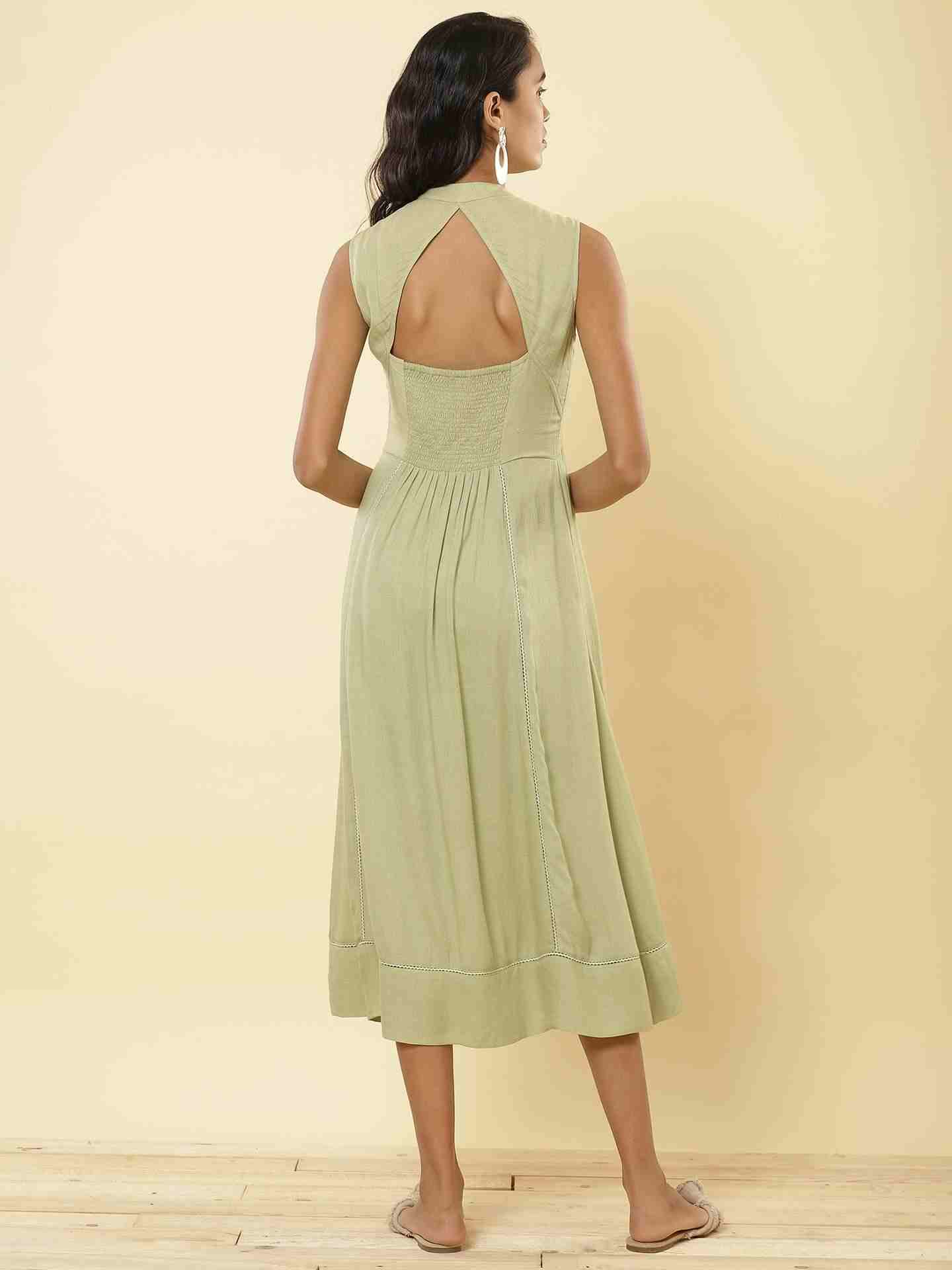 Mint Green Linear Embroidery Midi Dress