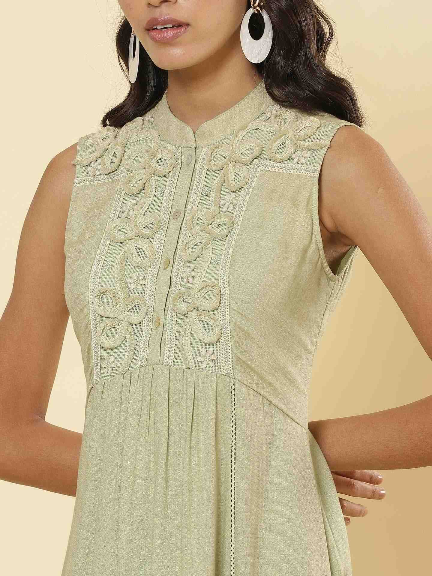 Mint Green Linear Embroidery Midi Dress