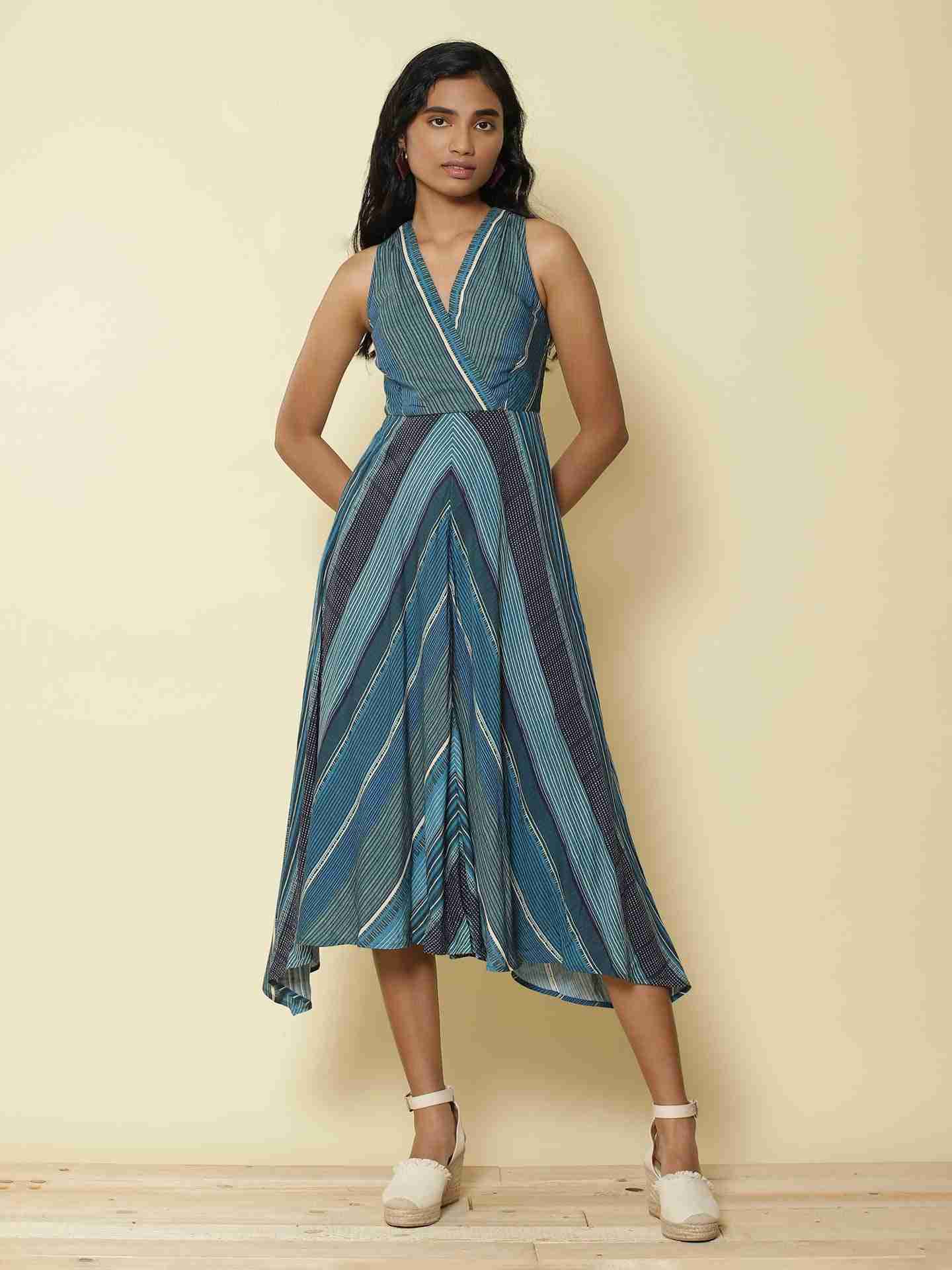 Blue Graded Stripe Midi Dress