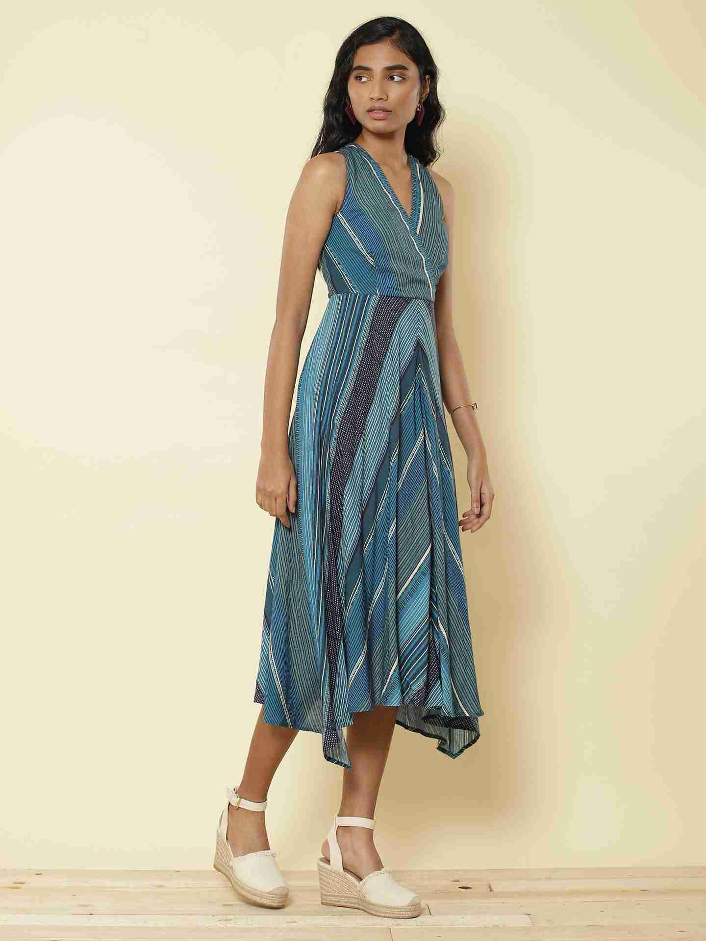 Blue Graded Stripe Midi Dress