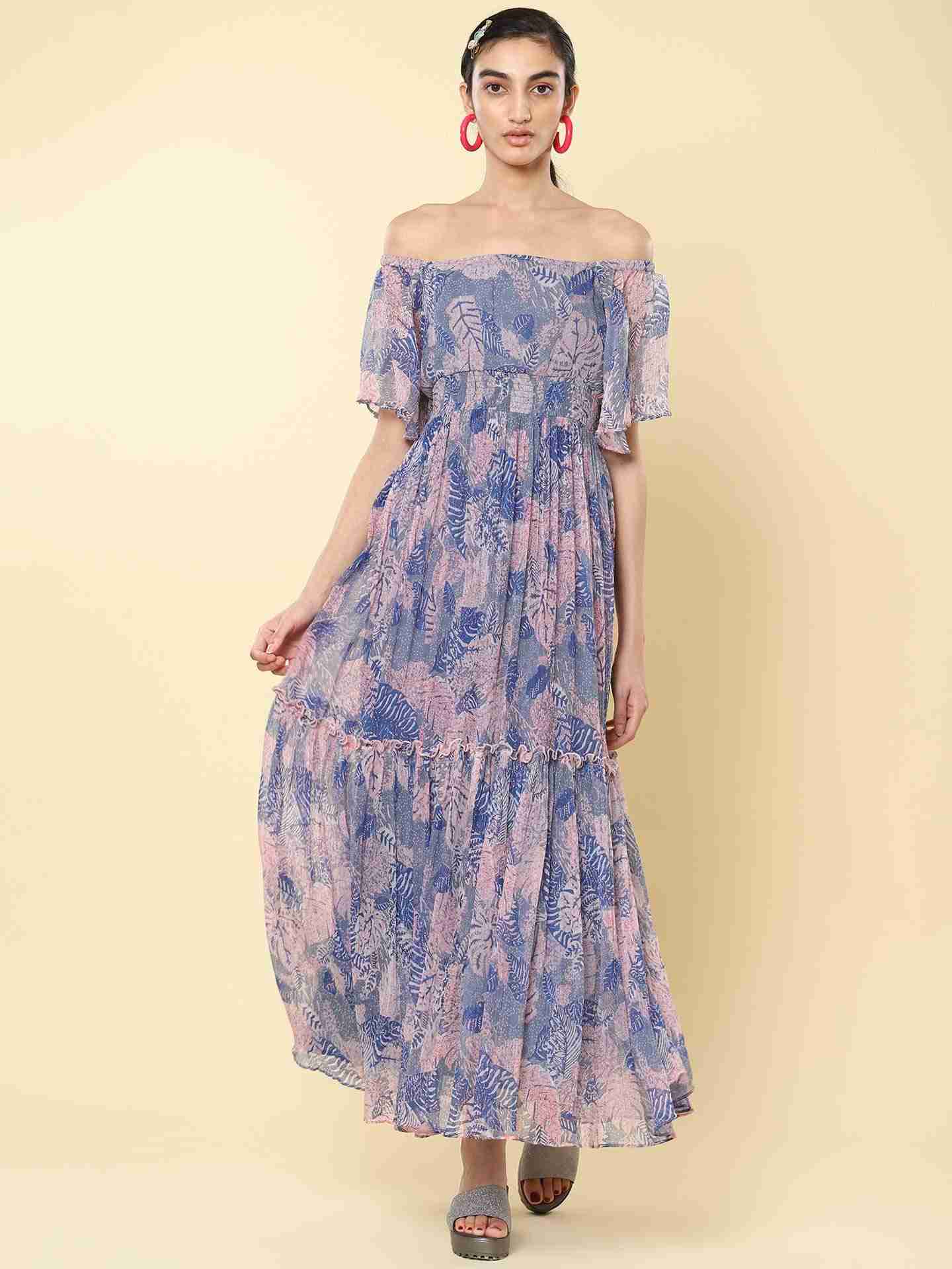 Blue Tropical Saga Off-The-Shoulder Dress