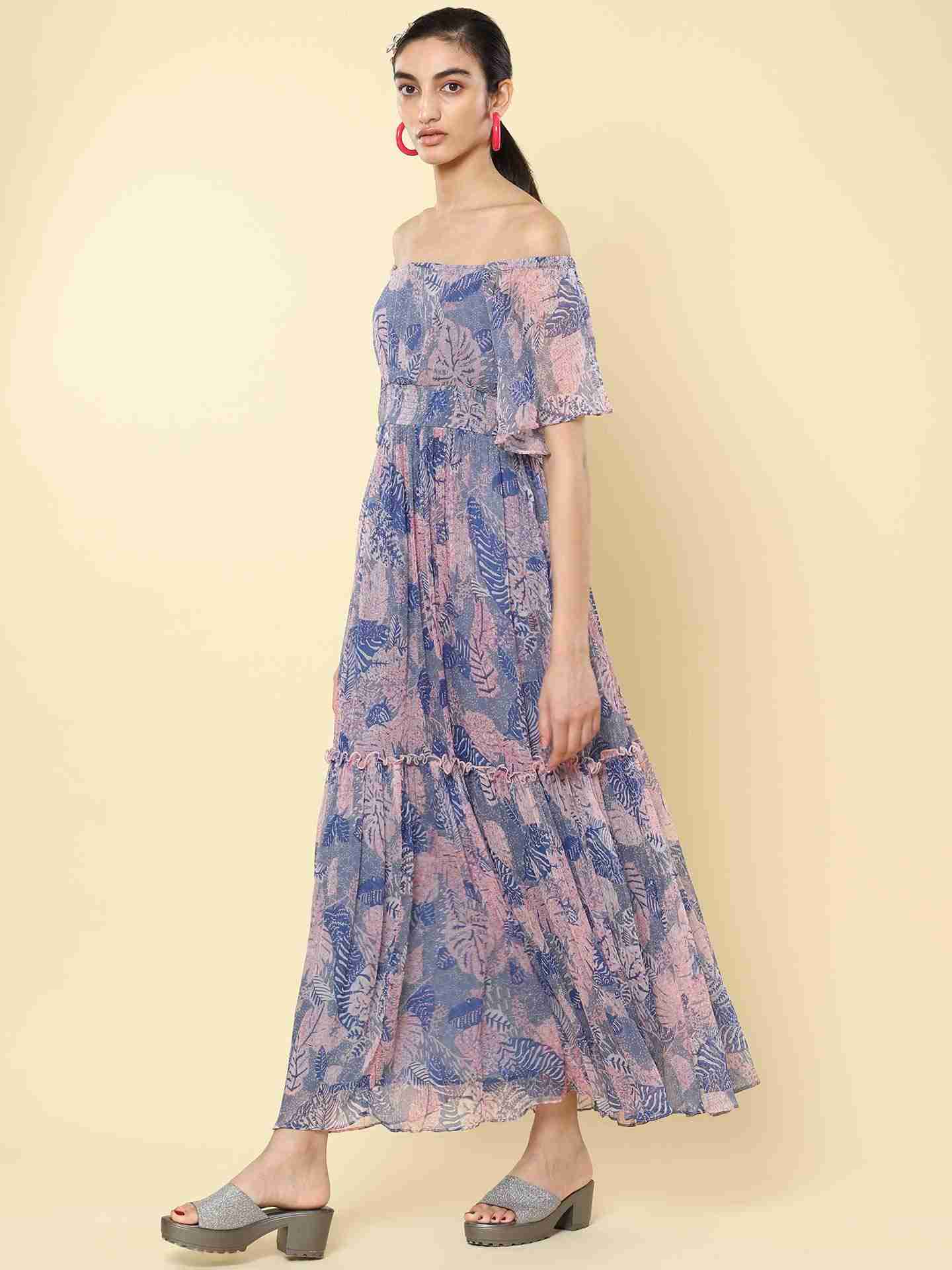Blue Tropical Saga Off-The-Shoulder Dress