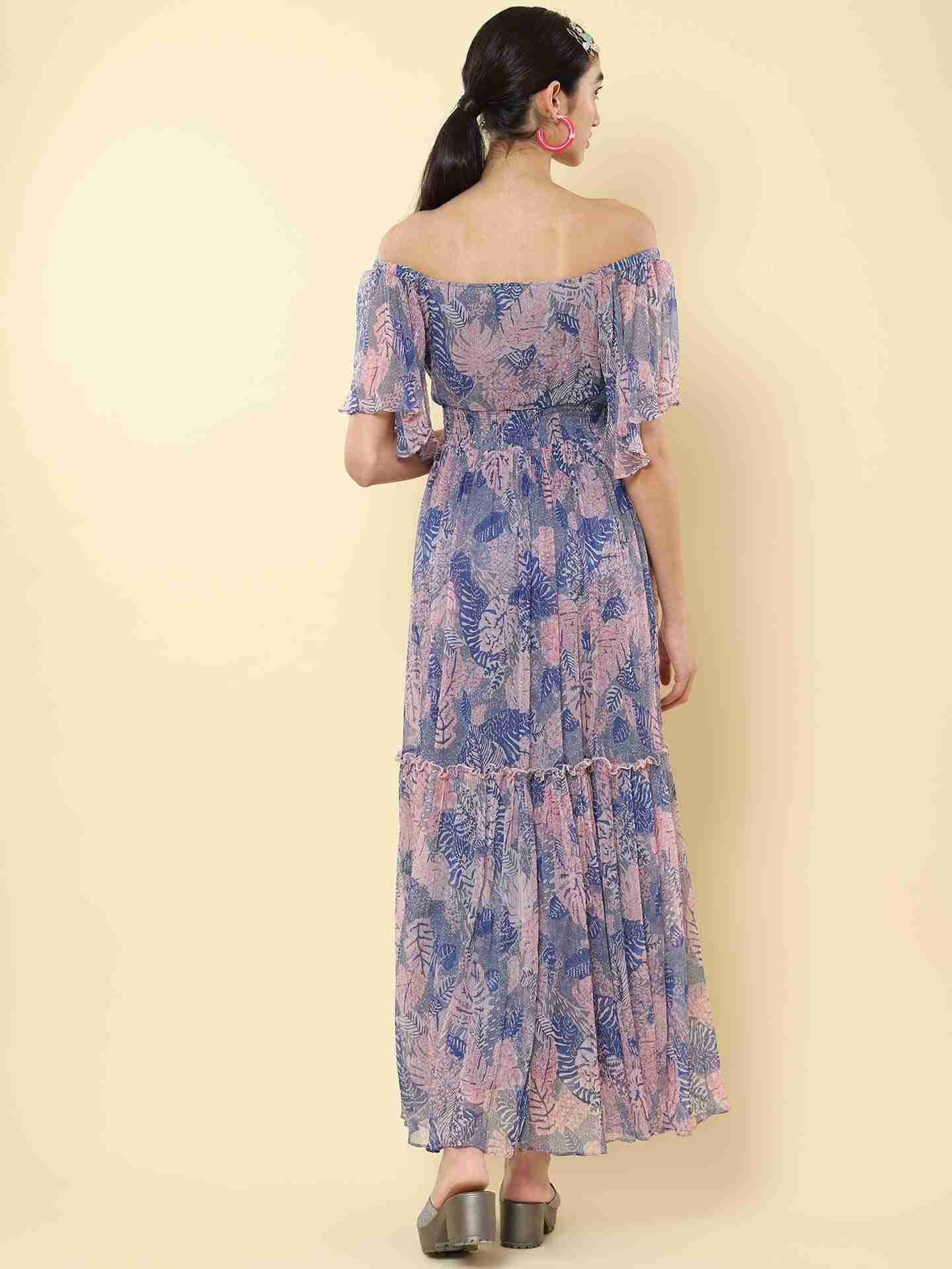 Blue Tropical Saga Off-The-Shoulder Dress