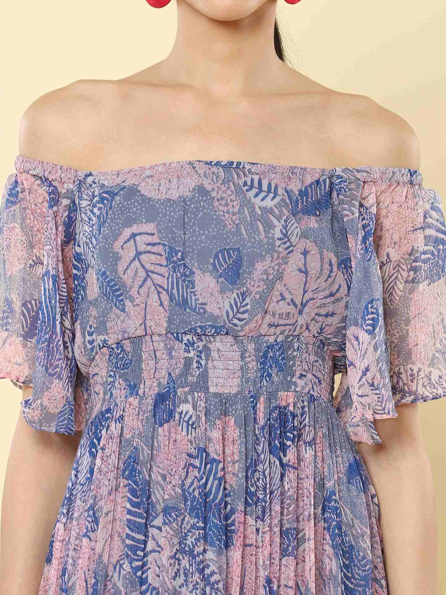 Blue Tropical Saga Off-The-Shoulder Dress