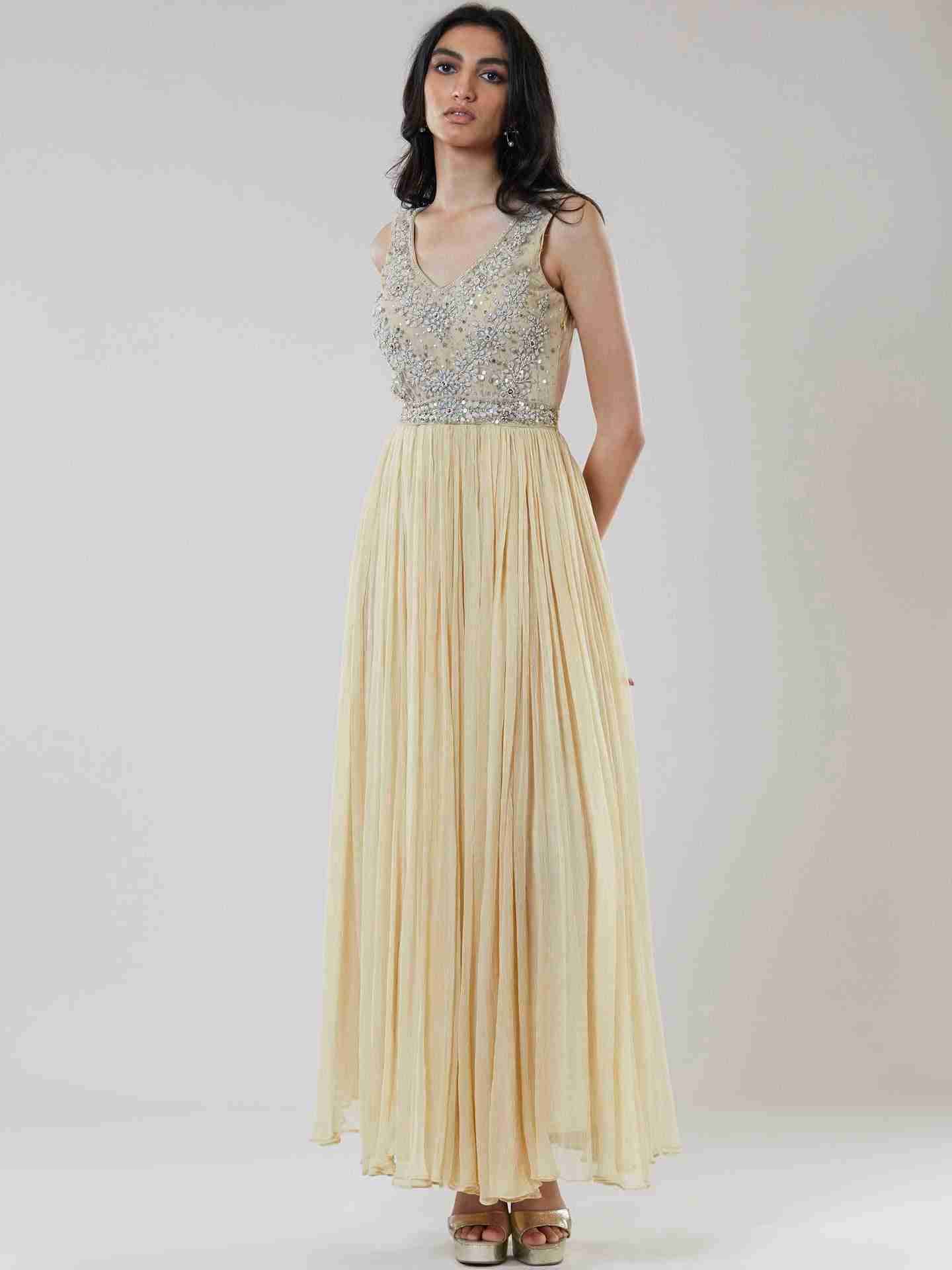 Beige Leaf Button Embroidery Maxi Dress