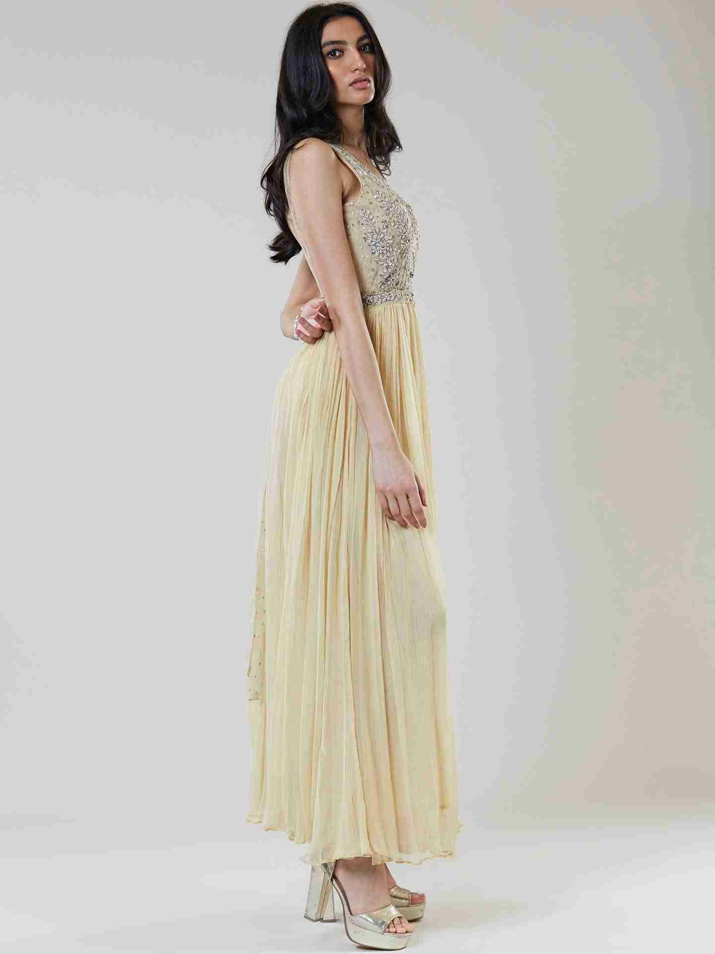 Beige Leaf Button Embroidery Maxi Dress