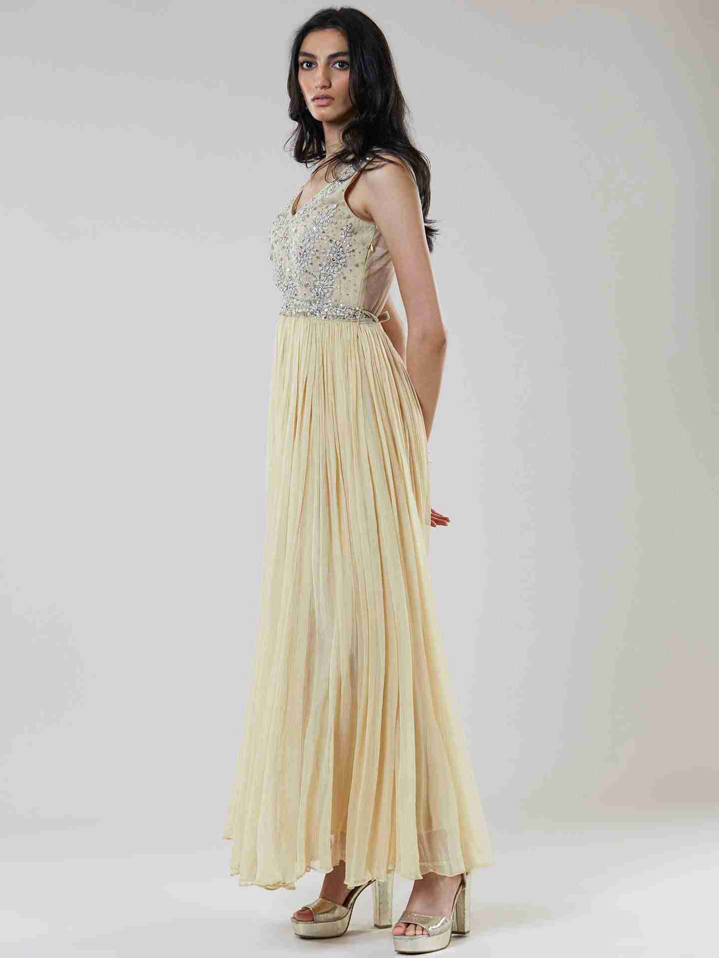 Beige Leaf Button Embroidery Maxi Dress