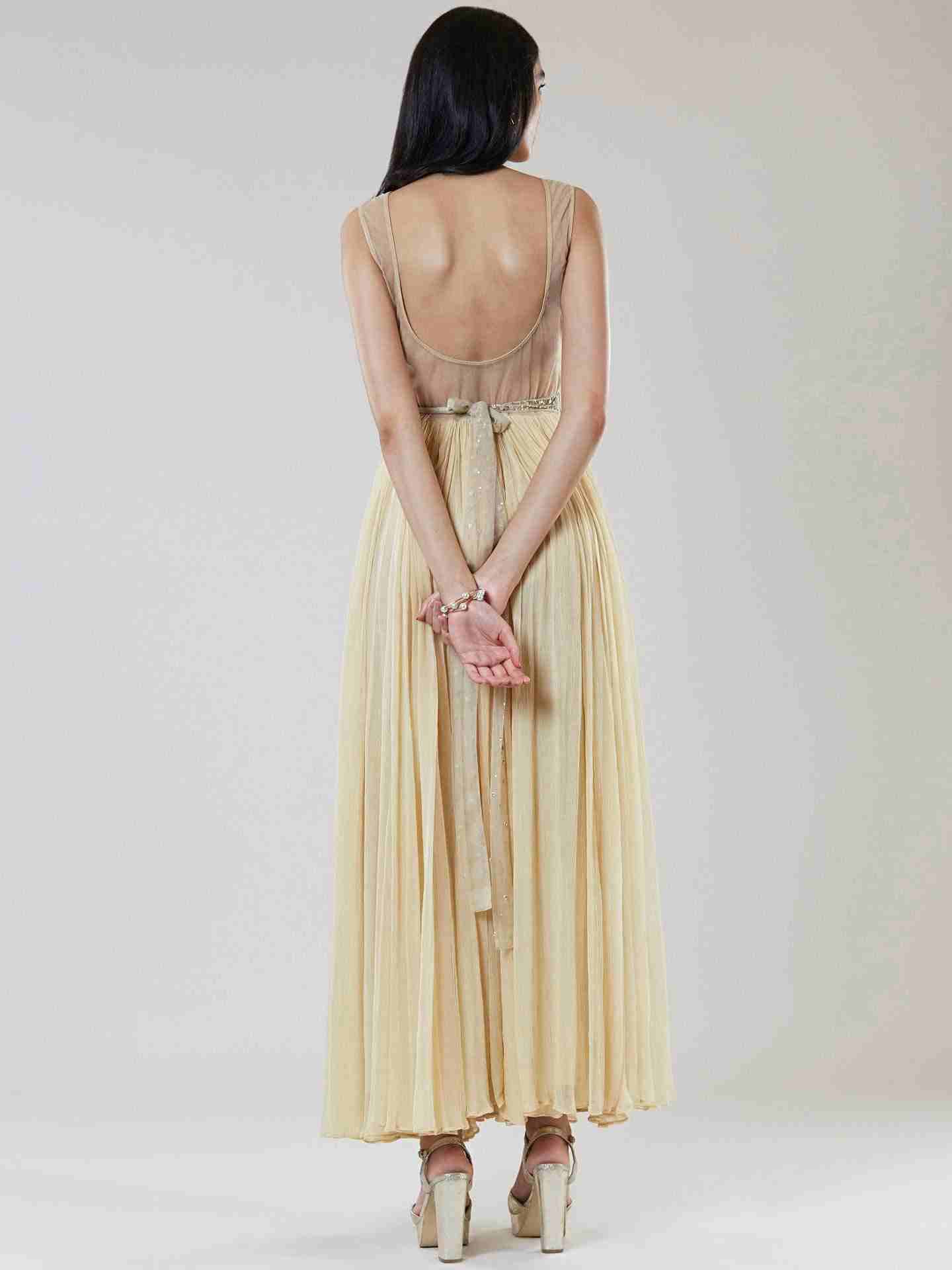 Beige Leaf Button Embroidery Maxi Dress
